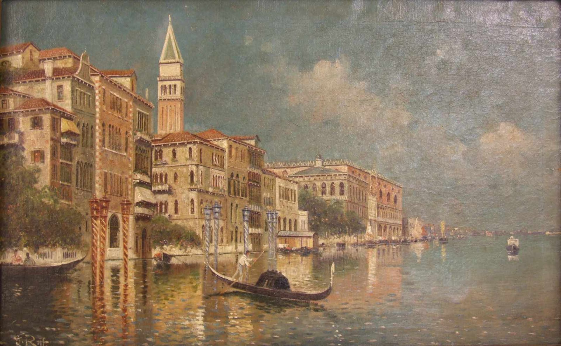 F.Rolf, um 1900Der Canale Grande mit dem Dogenpalast in Venedig, signiert F. Rolf, Öl auf