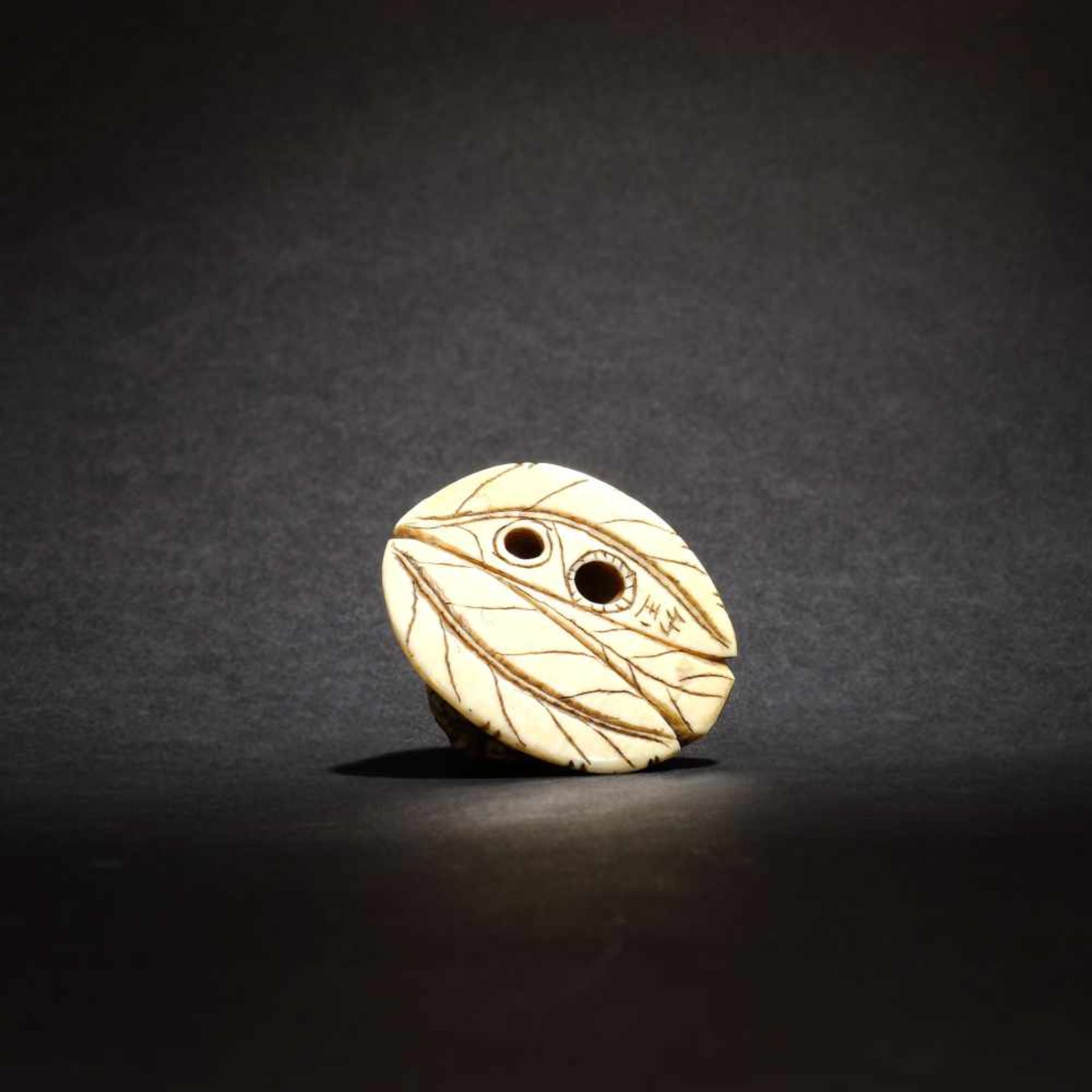 Ivory netsuke of a kappa bird with its chick on a leaf, Taketama signature, Meiji Era, Japan, ca. - Bild 3 aus 4