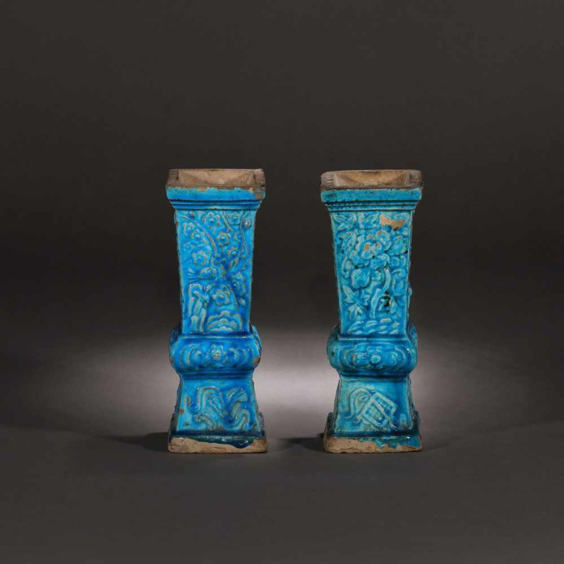 Two Fahua ceramic vessels, turquoise glaze, decorated with floral motifs, the Ming Dynasty Era,