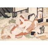 Shunga woodblock depicting a passional couple, ca 1800Shunga woodblock depicting a passional couple,