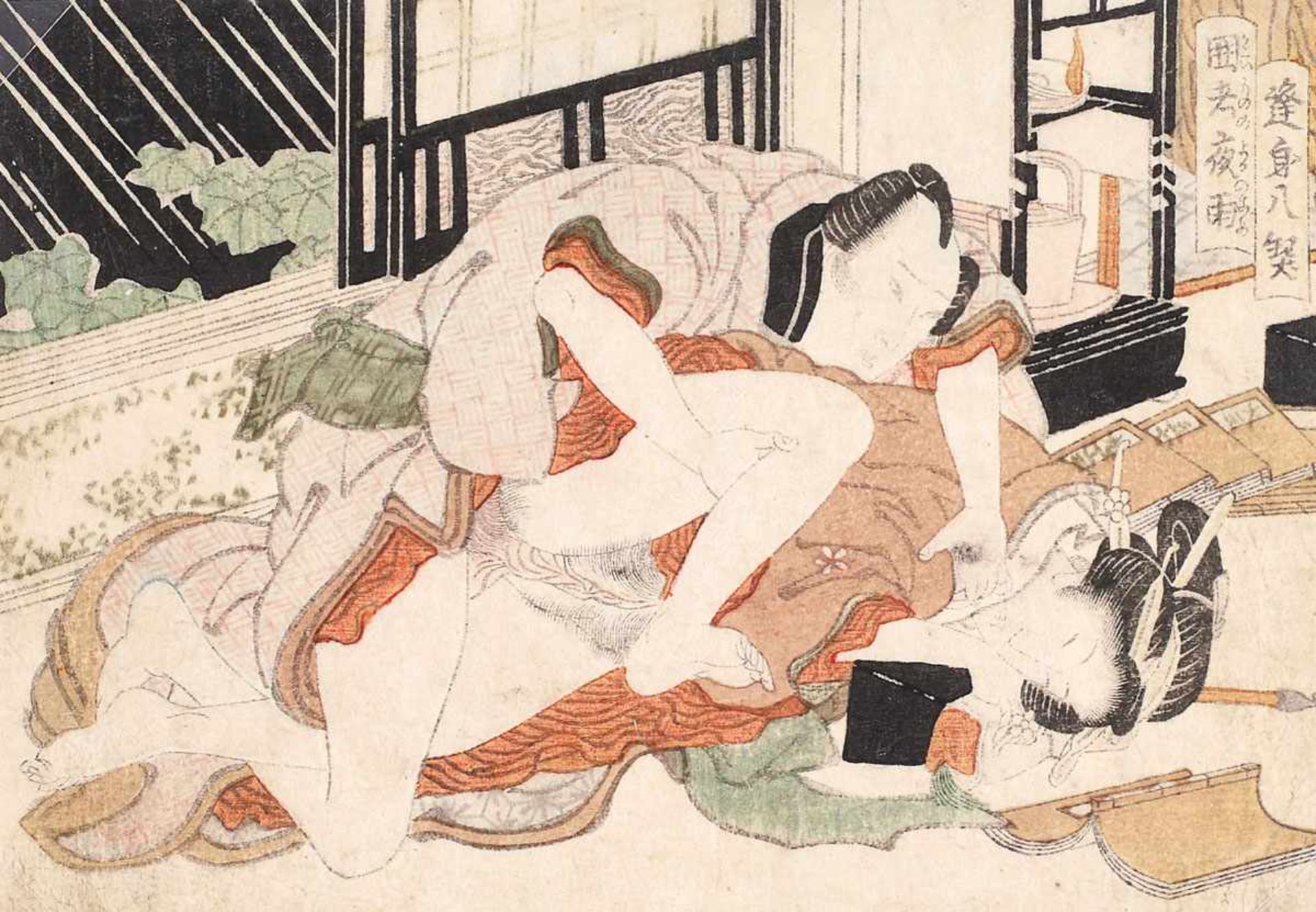 Shunga woodblock depicting a passional couple, ca 1800Shunga woodblock depicting a passional couple,