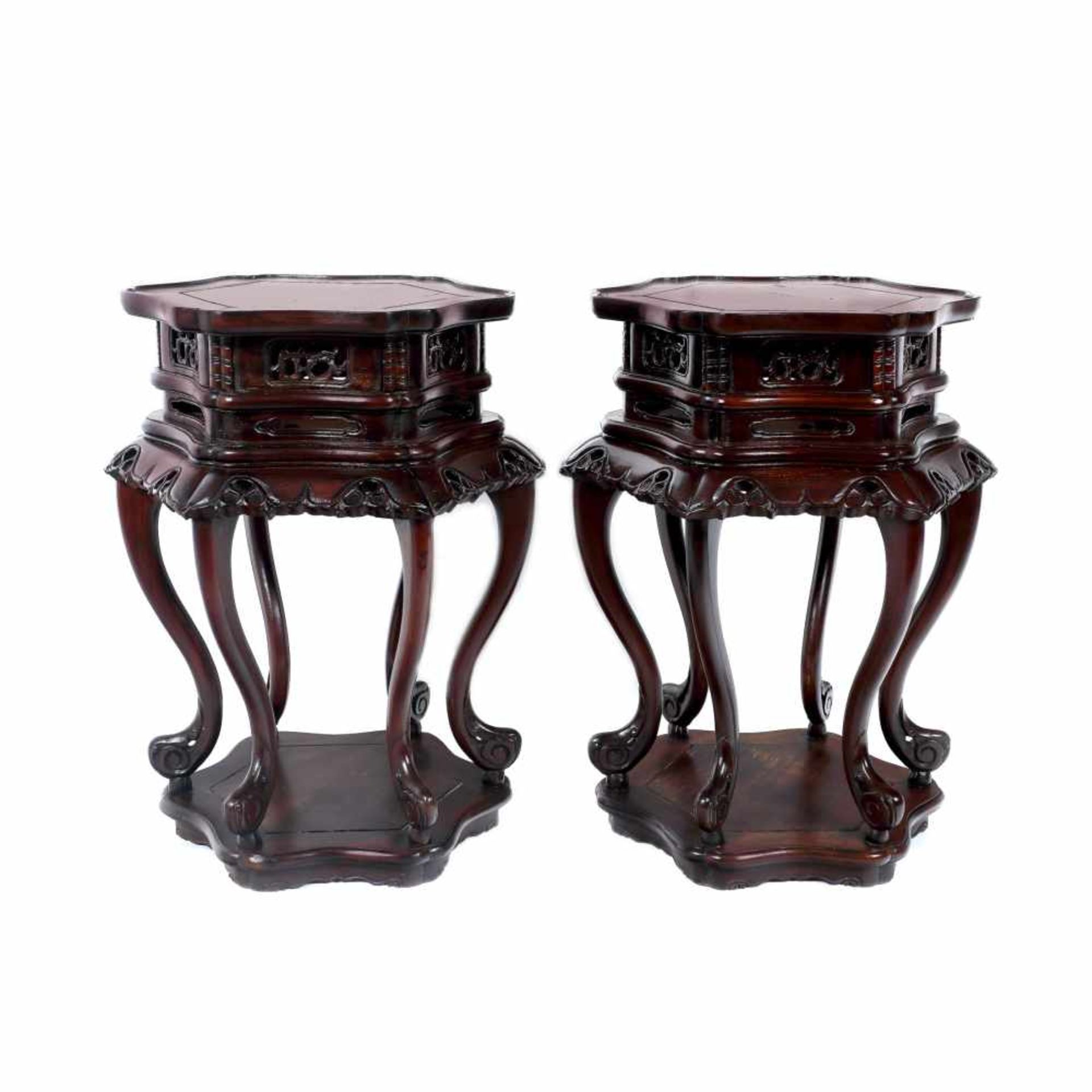 Two rosewood small tables with traditional Chinese motifs, end of the Qing dynasty, China, the