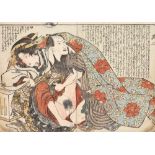 Shunga woodblock depicting a courtesan and a samurai, cca. 1810Shunga woodblock depicting a