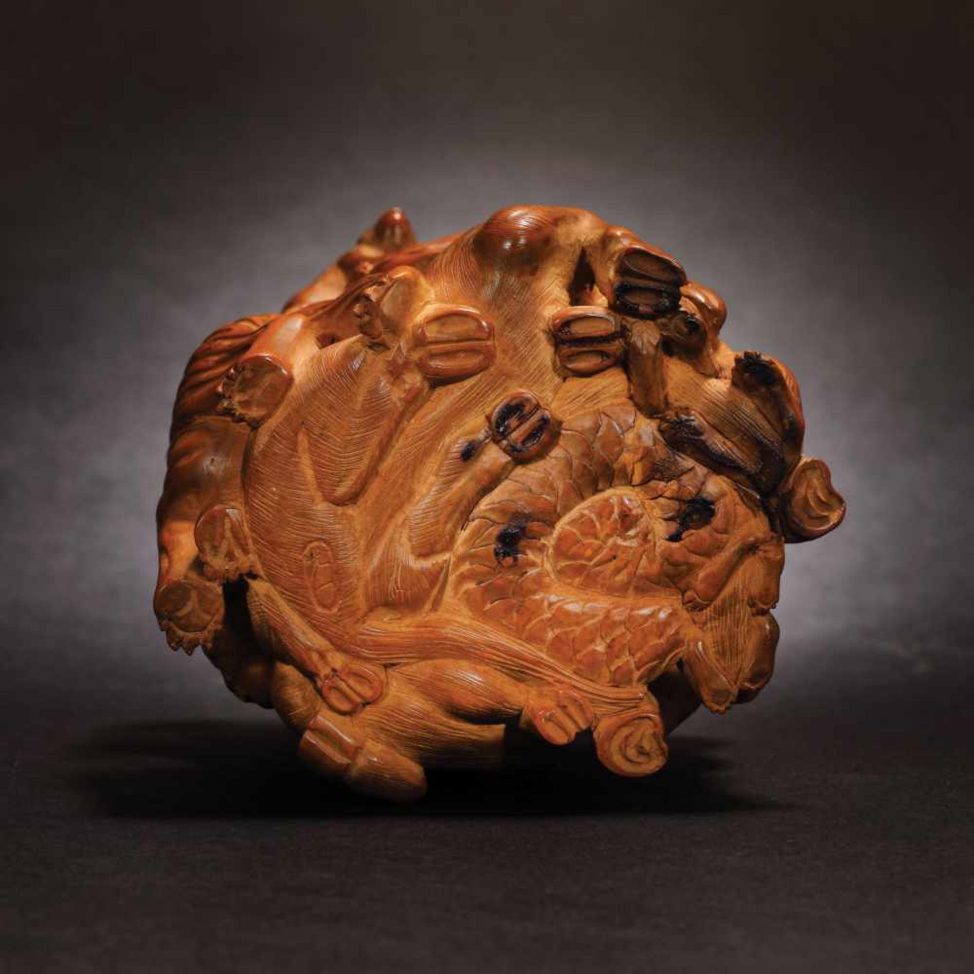 Okimono made from huangyang mu wood, illustrating the animals of the zodiac, signed by Mitsukazu, - Bild 6 aus 6