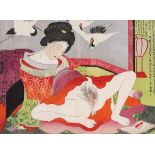 Shunga woodblock depicting a young woman ecstatic, ca 1899Shunga woodblock depicting a young woman