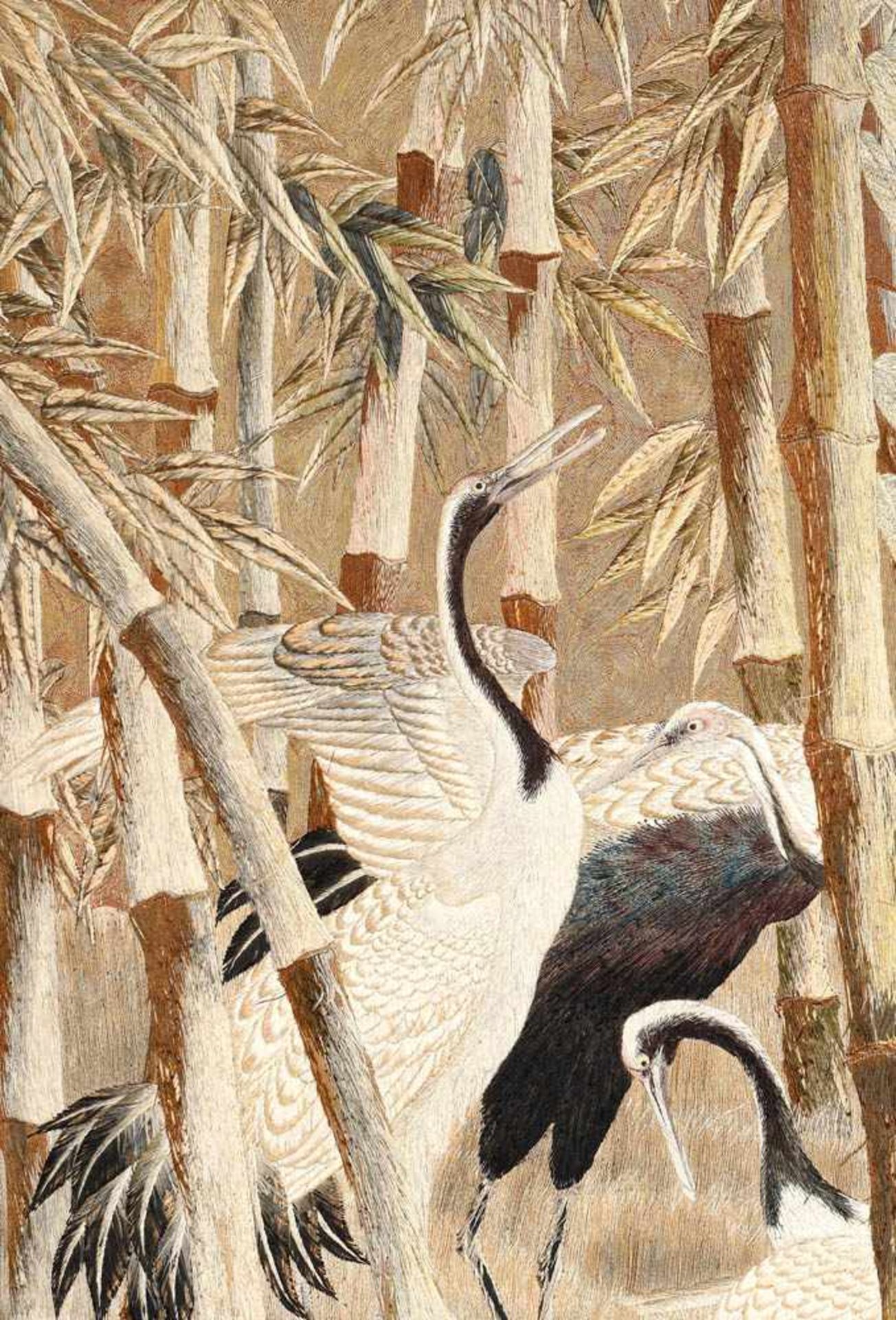 Impressive size decorative panel made with golden and silver thread, illustrating cranes in a bamboo - Bild 2 aus 5