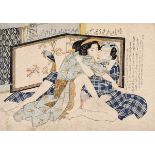 Shunga woodblock depicting a couple in traditional Washitsu room, ca 1830Shunga woodblock