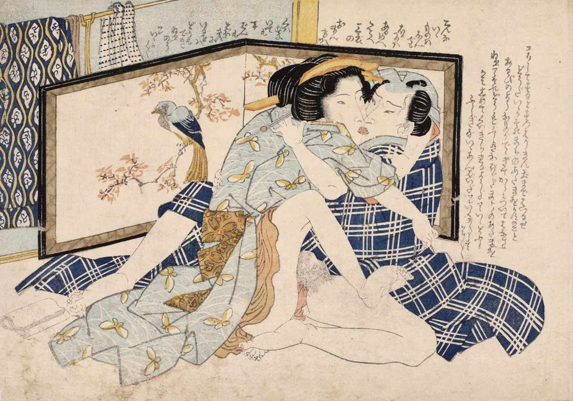 Shunga woodblock depicting a couple in traditional Washitsu room, ca 1830Shunga woodblock