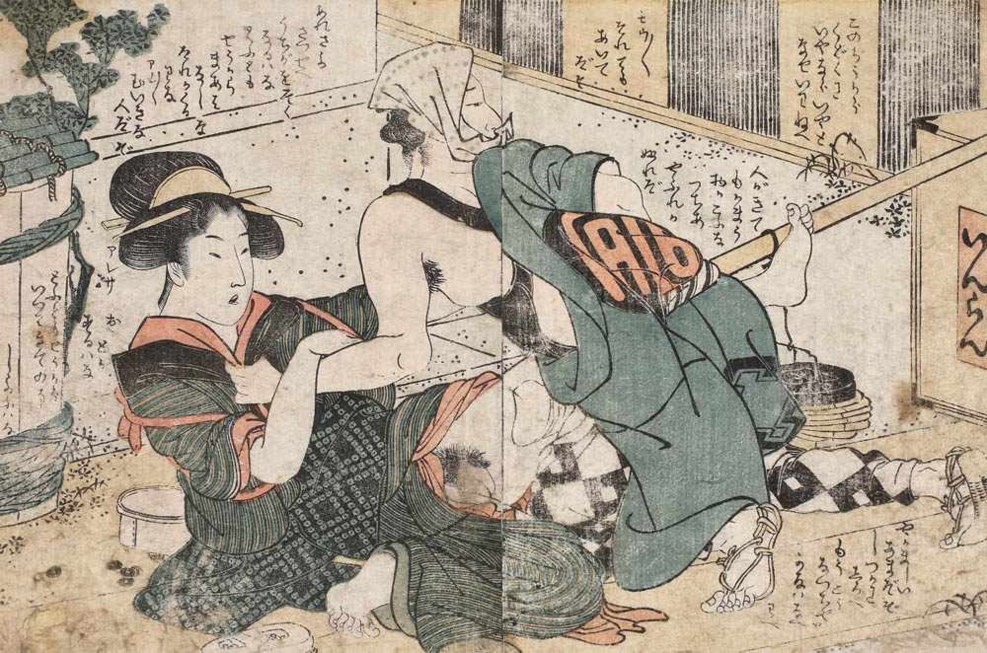 Shunga woodblock depicting a couple in an erotic embrace, ca 1800Shunga woodblock depicting a couple