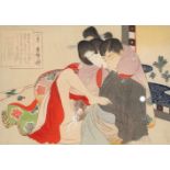 Shunga woodblock depicting a couple in an erotic embrace, ca 1900Shunga woodblock depicting a couple