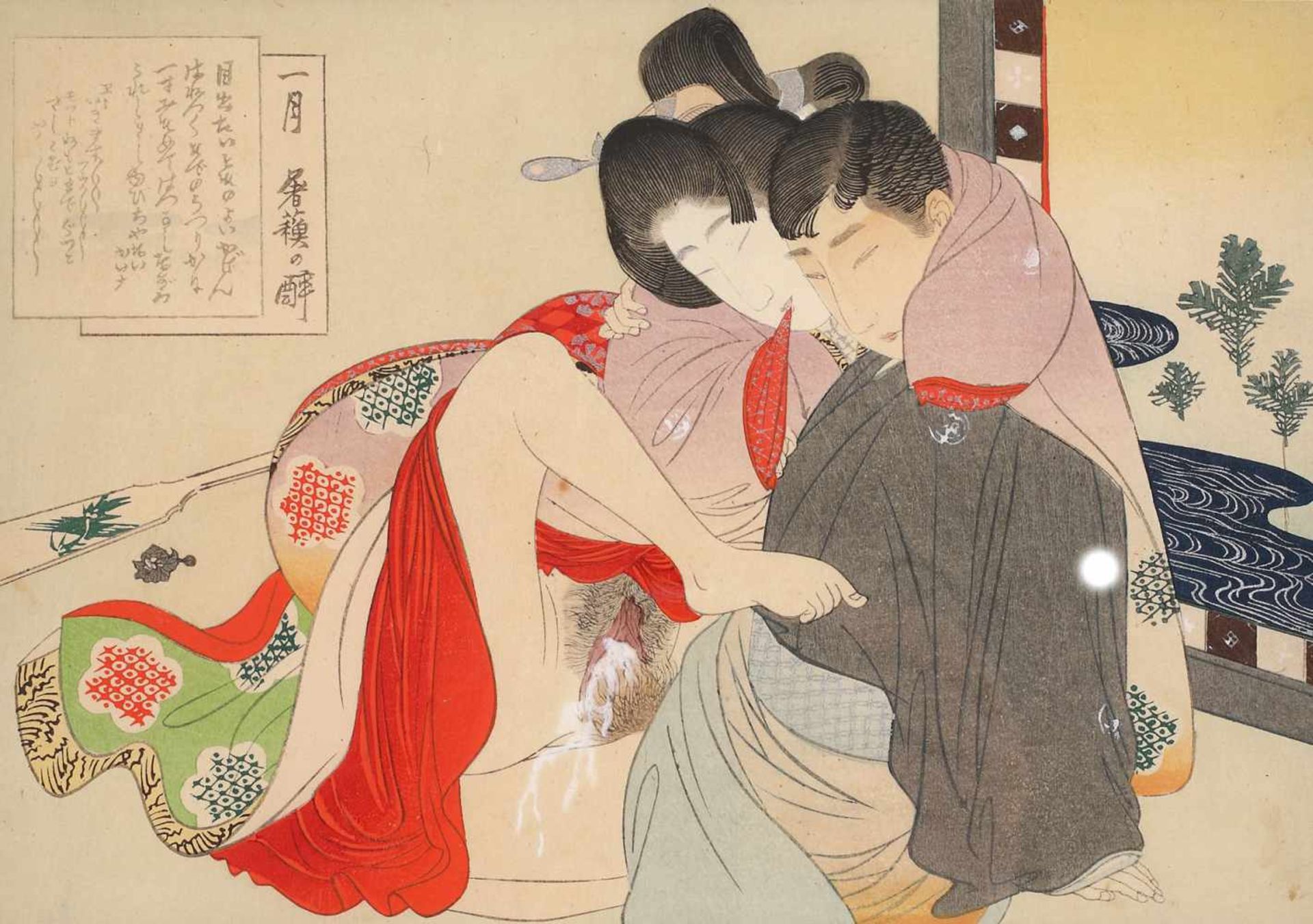 Shunga woodblock depicting a couple in an erotic embrace, ca 1900Shunga woodblock depicting a couple