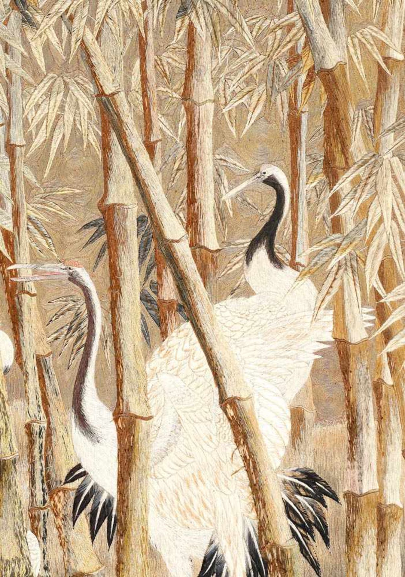 Impressive size decorative panel made with golden and silver thread, illustrating cranes in a bamboo - Bild 5 aus 5