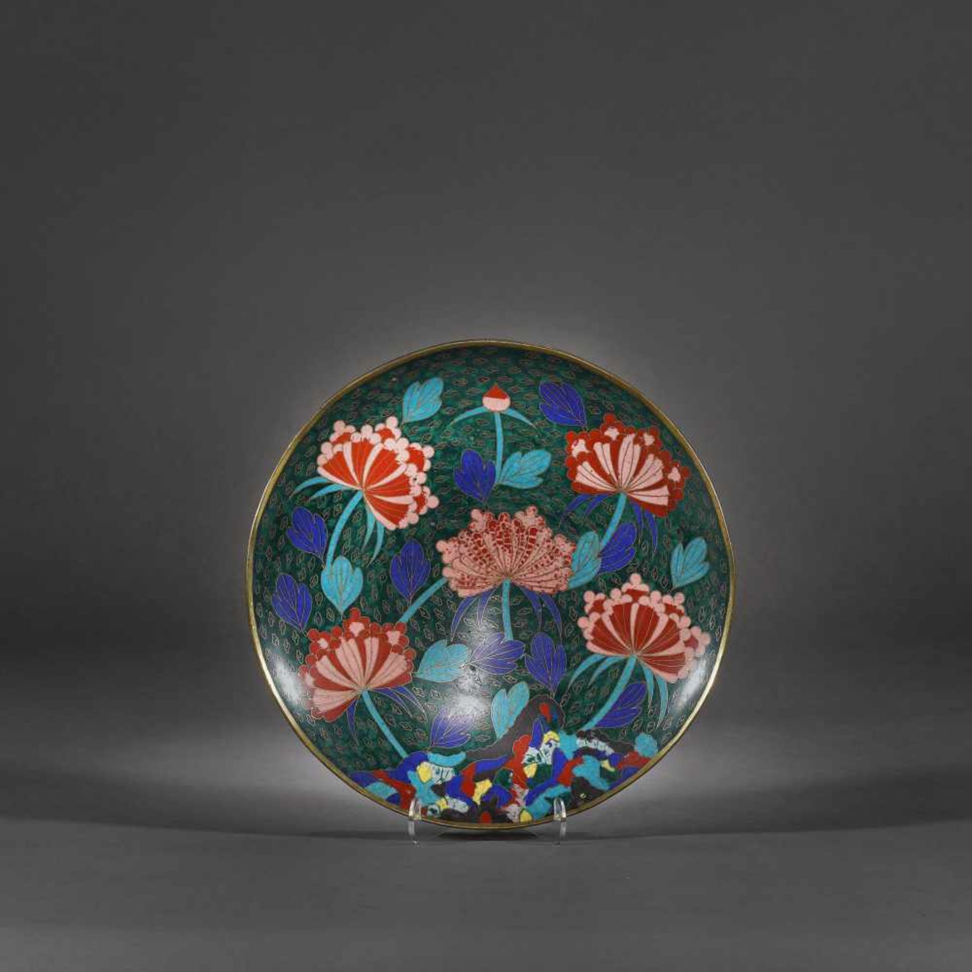 Bronze platter with cloisonné chysanthemum flowers, the Edo Period, Japan, the beginning of the 19th
