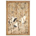 Impressive size decorative panel made with golden and silver thread, illustrating cranes in a bamboo