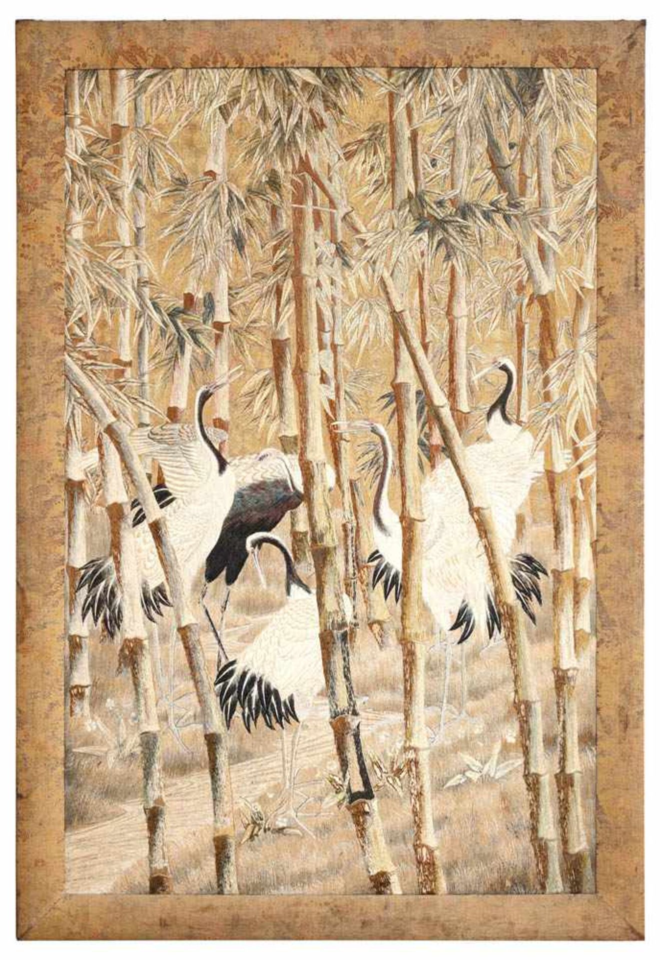 Impressive size decorative panel made with golden and silver thread, illustrating cranes in a bamboo