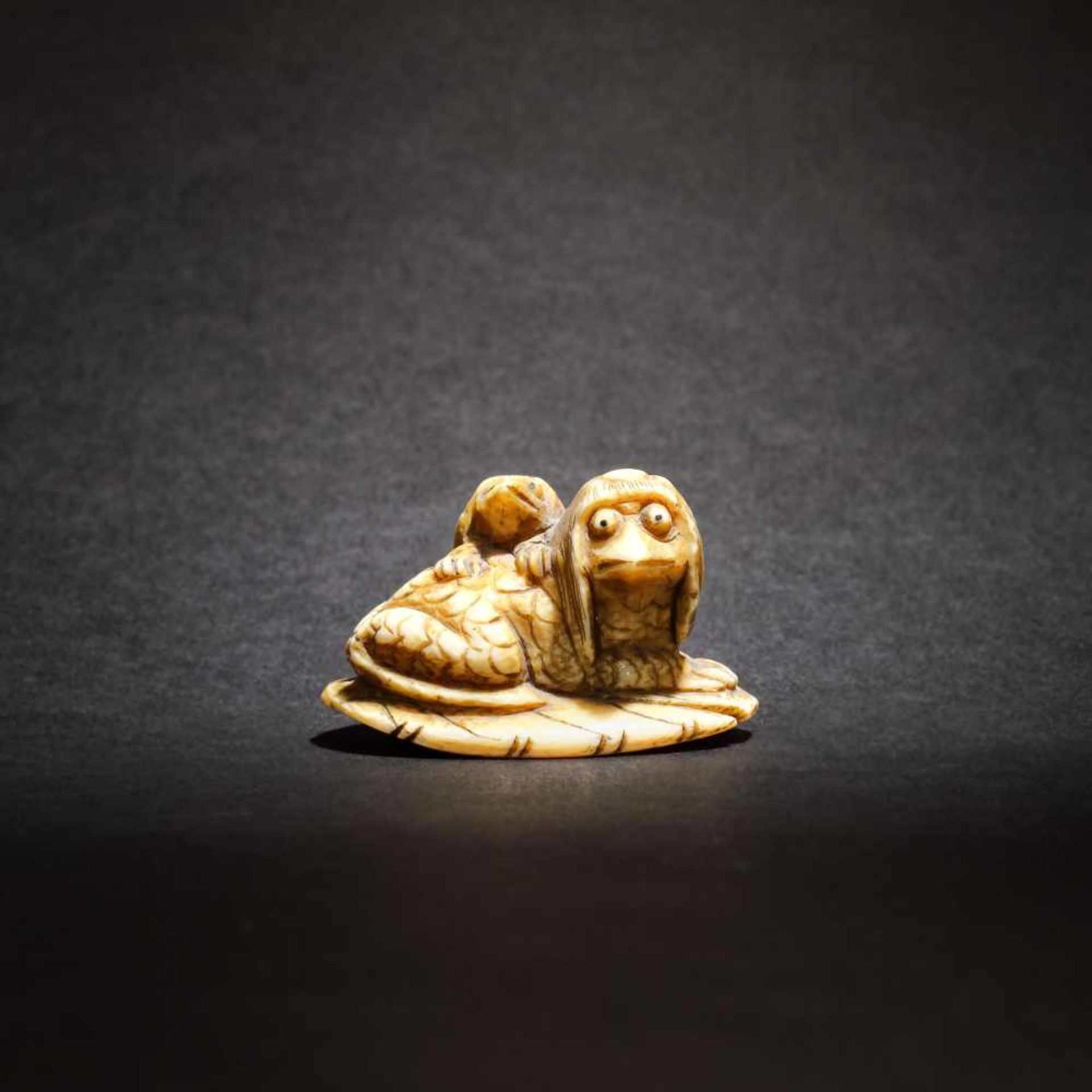 Ivory netsuke of a kappa bird with its chick on a leaf, Taketama signature, Meiji Era, Japan, ca.