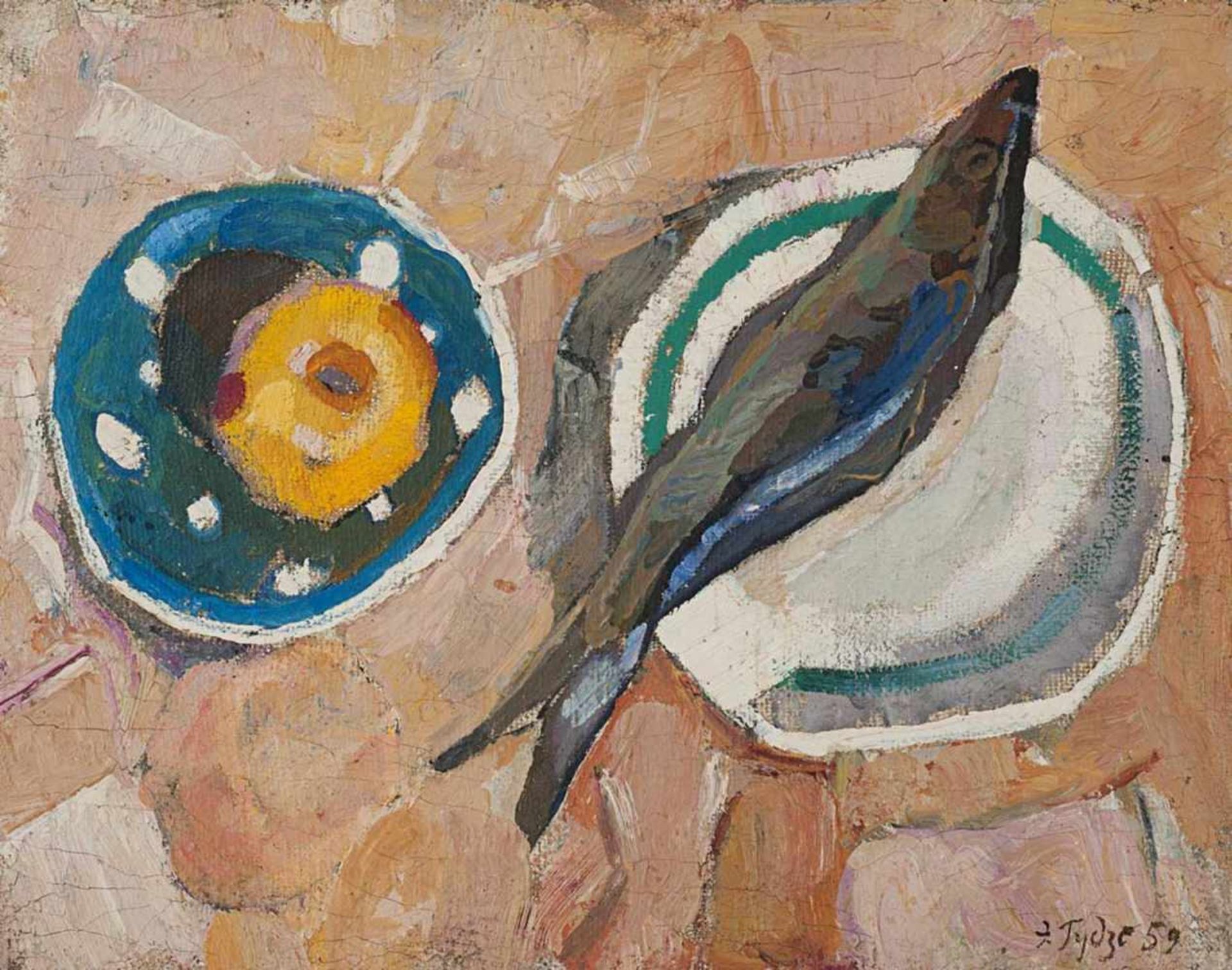 Gudzenko, Eduard. "Still life with herring". 1959.Oil on canvas. Framed. 39x51 cm.