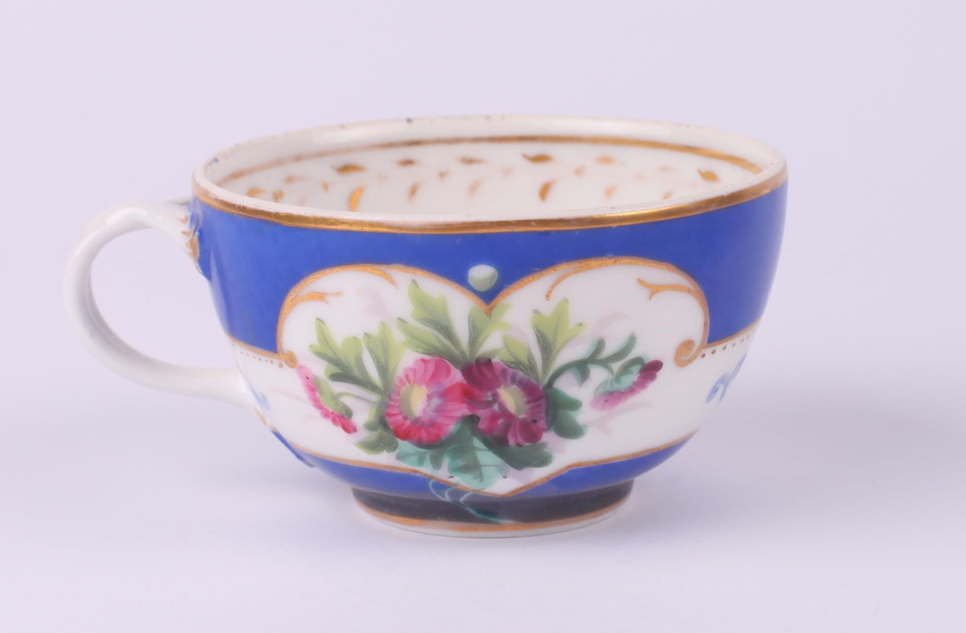 Tea cup and saucer set with floral painting. Russia. 1890s. Porcelain, painting, gilding. Cup: 5x8 - Image 8 of 13