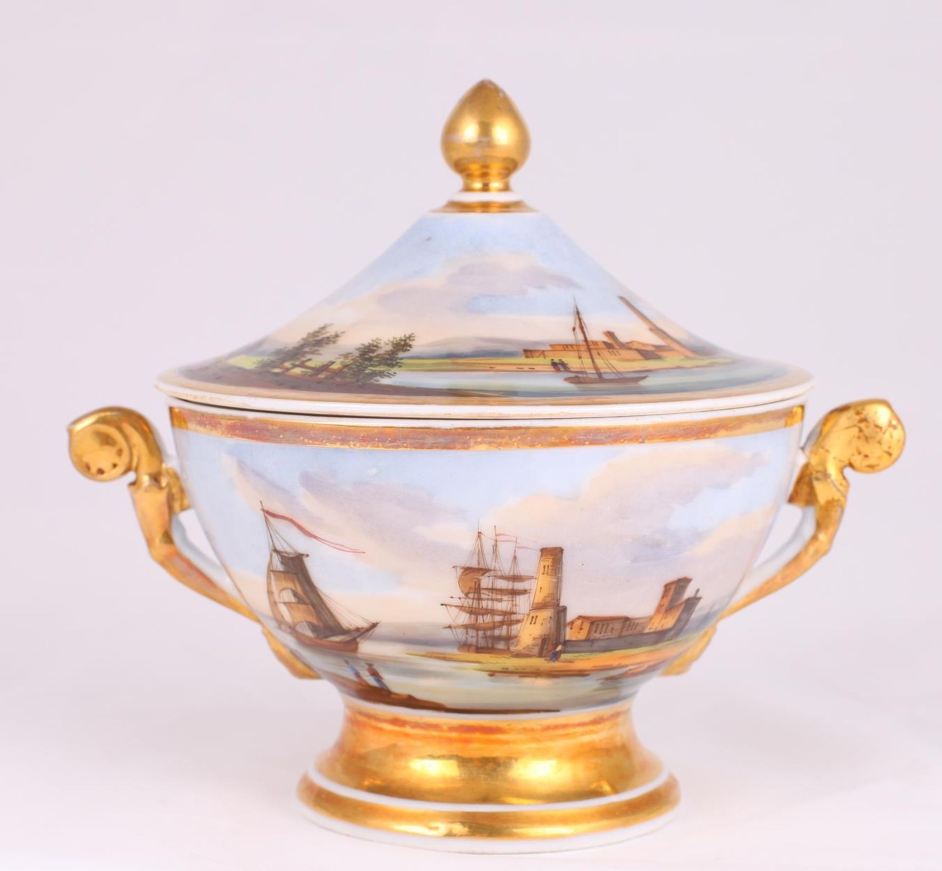 Sugar bowl "Entrance to the bay". Imperial Porcelain Factory.St. Petersburg. 1820s. Porcelain,