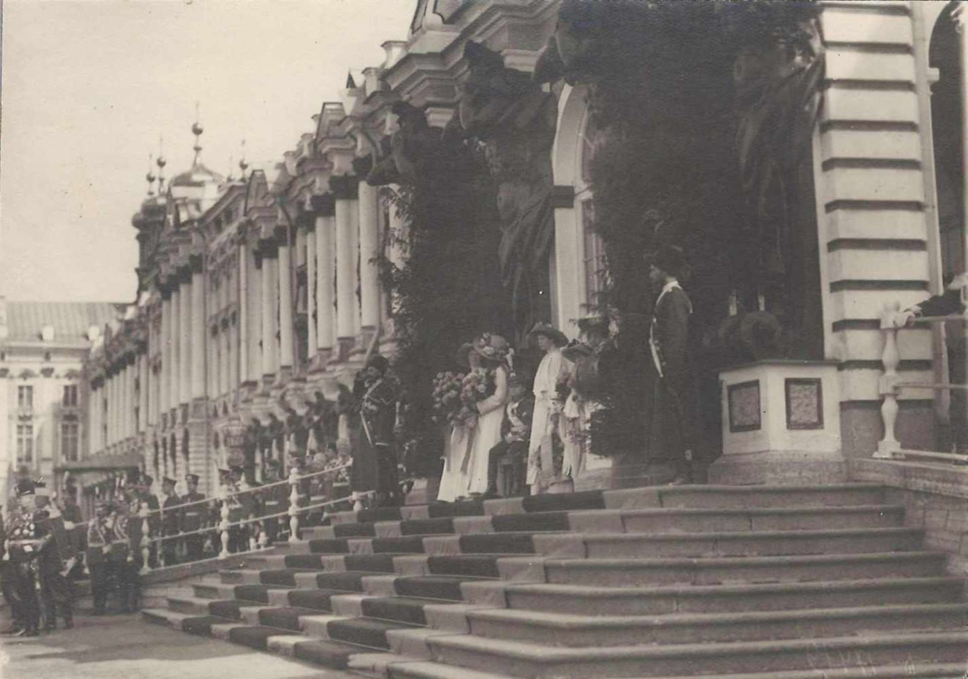Members of the Imperial family review troops of Grenadier Life-guards. Tsarskoye Selo. 1913.