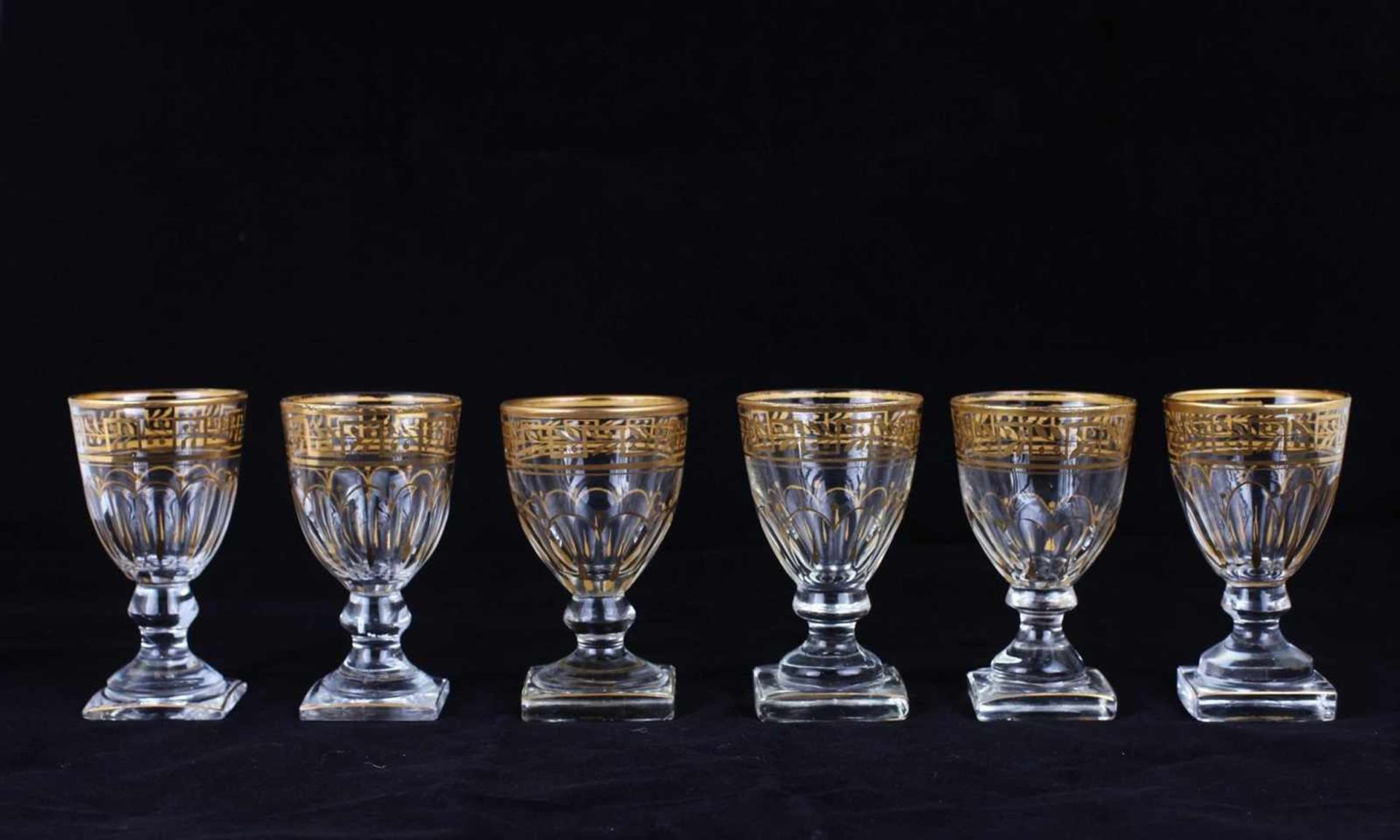 Six wine glasses, decorated with floral and geometric ornament. [ISZ]. First half XIX century.