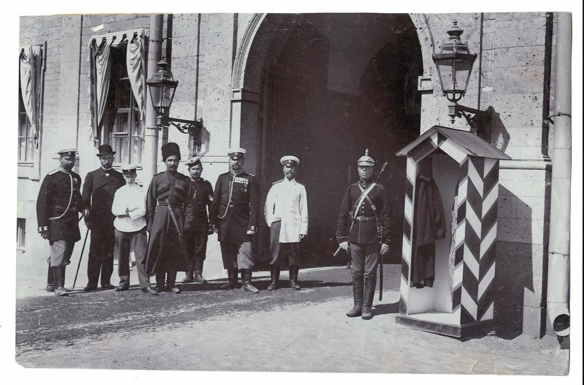 Karl Bulla. Ranks of Palace police. Guard-post at the western gate of the palace in Gatchina. 1900s.