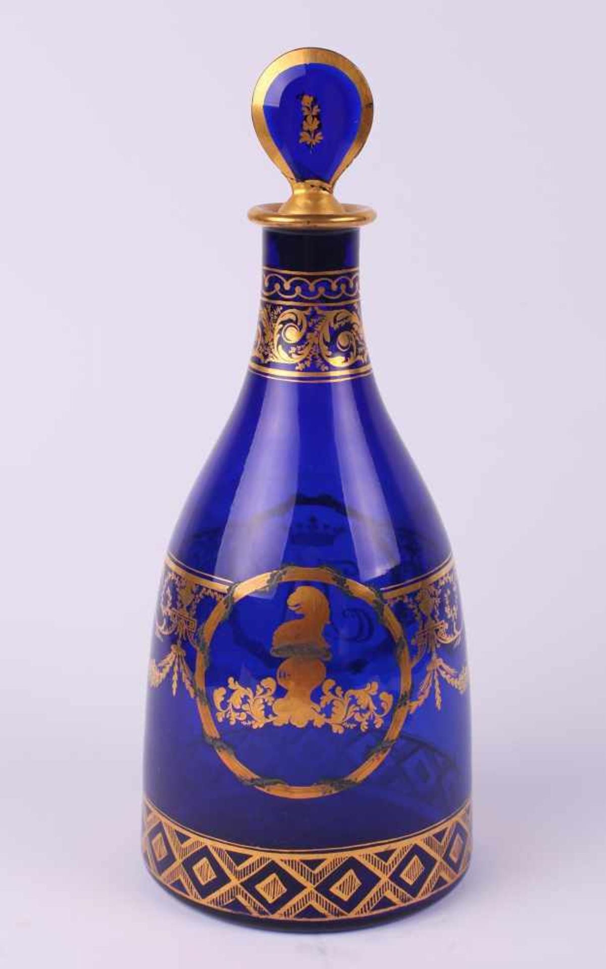 Glass carafe with a cork. [30s of XIX century.][Europe]. Cobalt glass, blowing, gilding. The body - Bild 2 aus 4