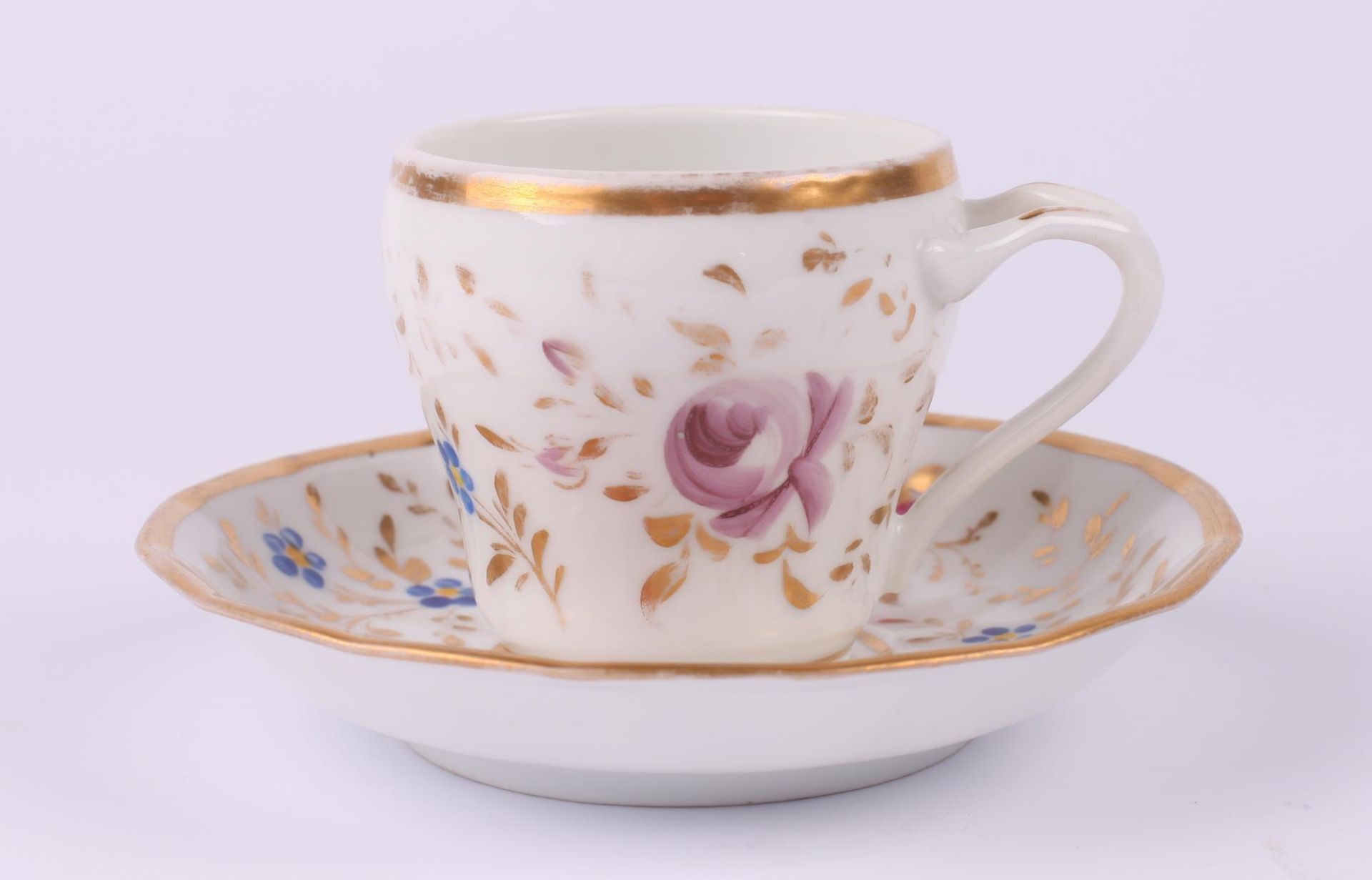 Tea cup and saucer set with floral painting. [Popov].Russia. 1850s Porcelain, painting, gilding.