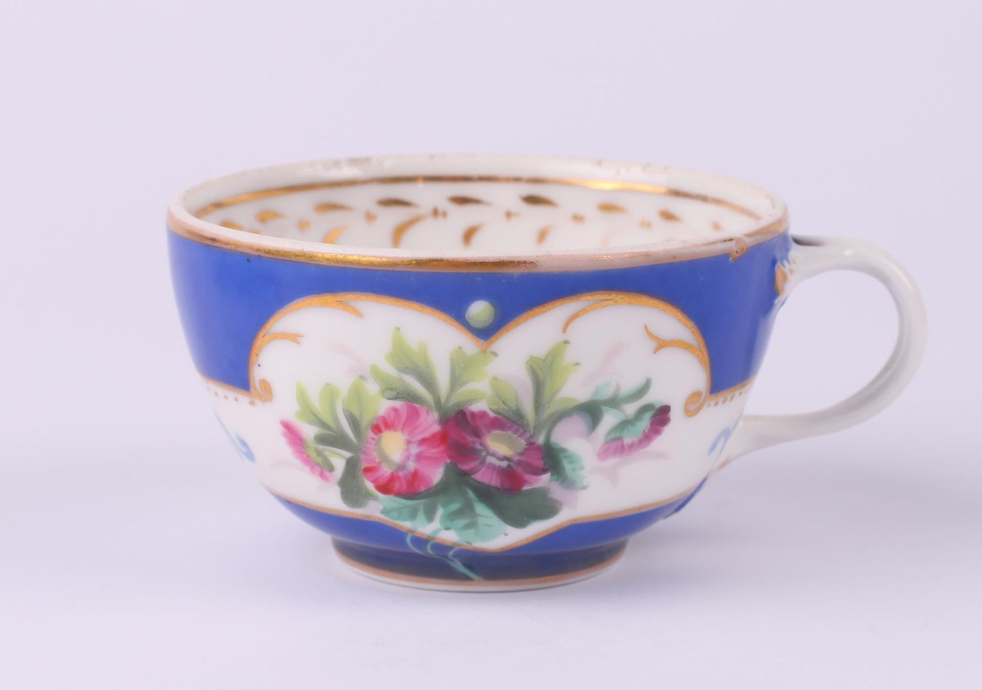 Tea cup and saucer set with floral painting. Russia. 1890s. Porcelain, painting, gilding. Cup: 5x8 - Image 3 of 13
