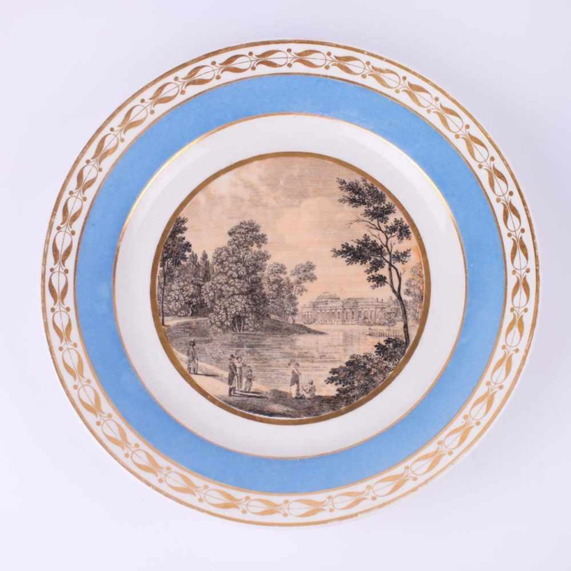 Decorative plate with a landscape scene. IFZ. [Early XIX century].Russia. Porcelain, decal, gilding.