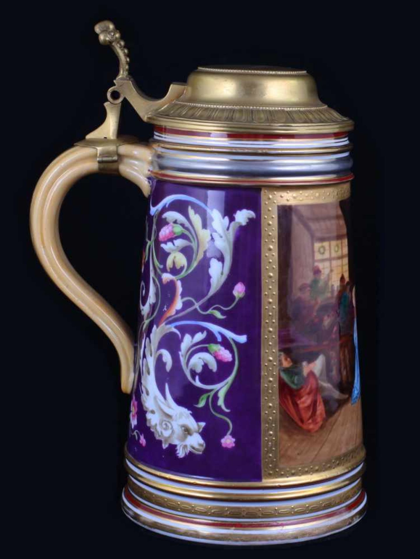 Beer stein with genre scenes. [1900s]. Germany. Porcelain, modeling, polychrome painting, gilding, - Bild 2 aus 3