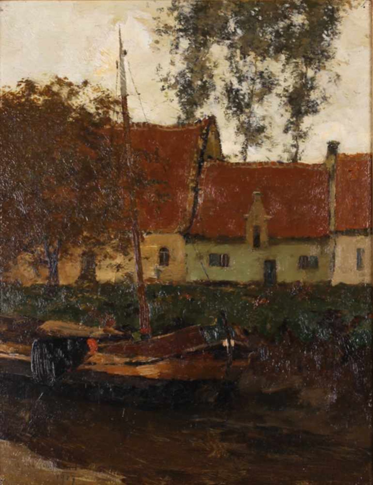 Apol, Armand. Houses with a boat. 1907. Oil on canvas. 54x44 cm.Signed and framed.- - -15.00 %