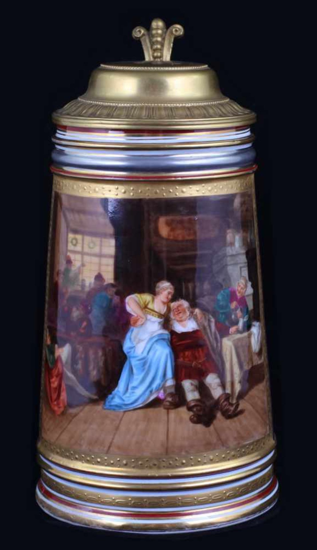 Beer stein with genre scenes. [1900s]. Germany. Porcelain, modeling, polychrome painting, gilding,