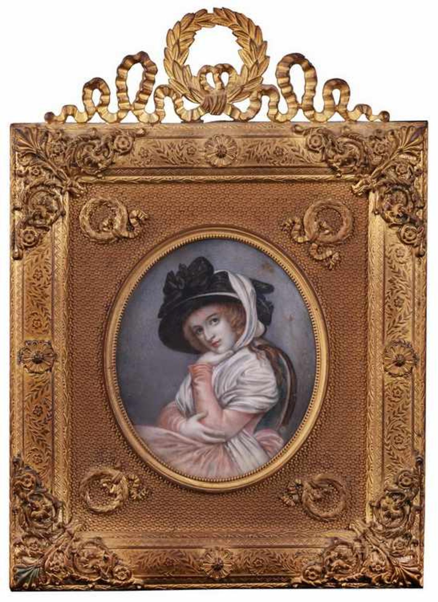 Portrait of an Unknown Woman with a hat. Porcelain painting. [XIX century].Europe. Framed. 14,5x12,8