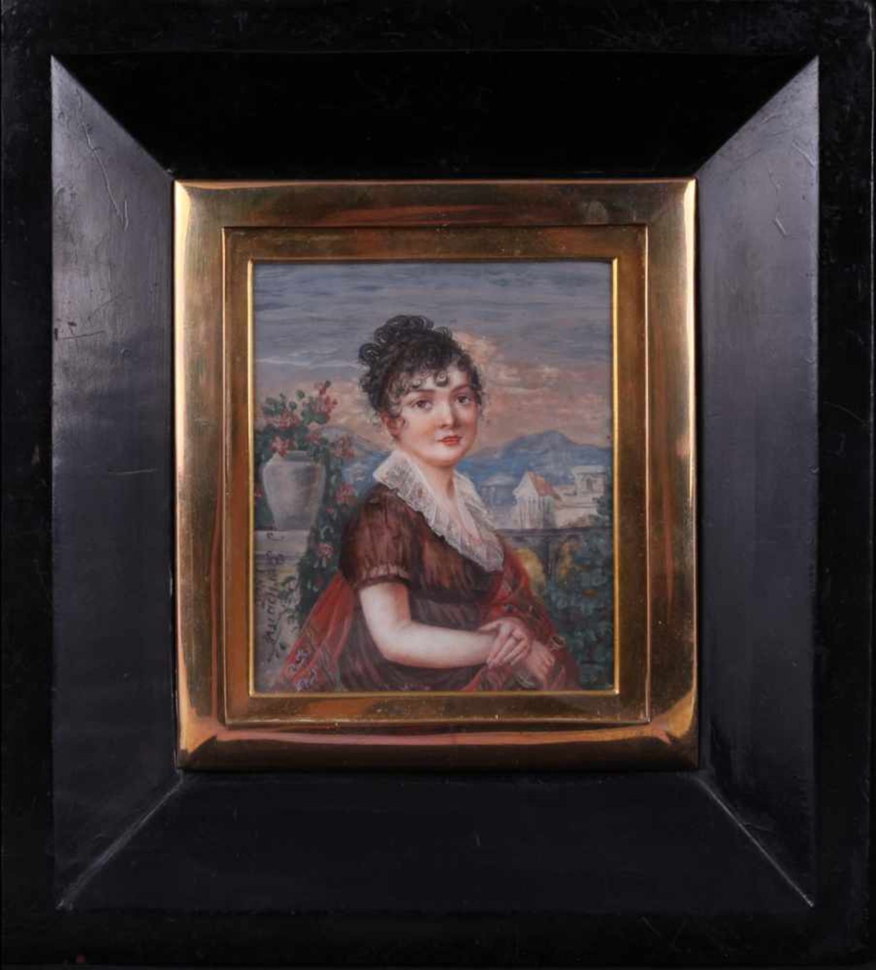 Beetham, Jane. Portrait of Mrs. Dixon. Porcelain painting. 1806. 9,5x8 cm.Framed.- - -15.00 % - Bild 2 aus 2