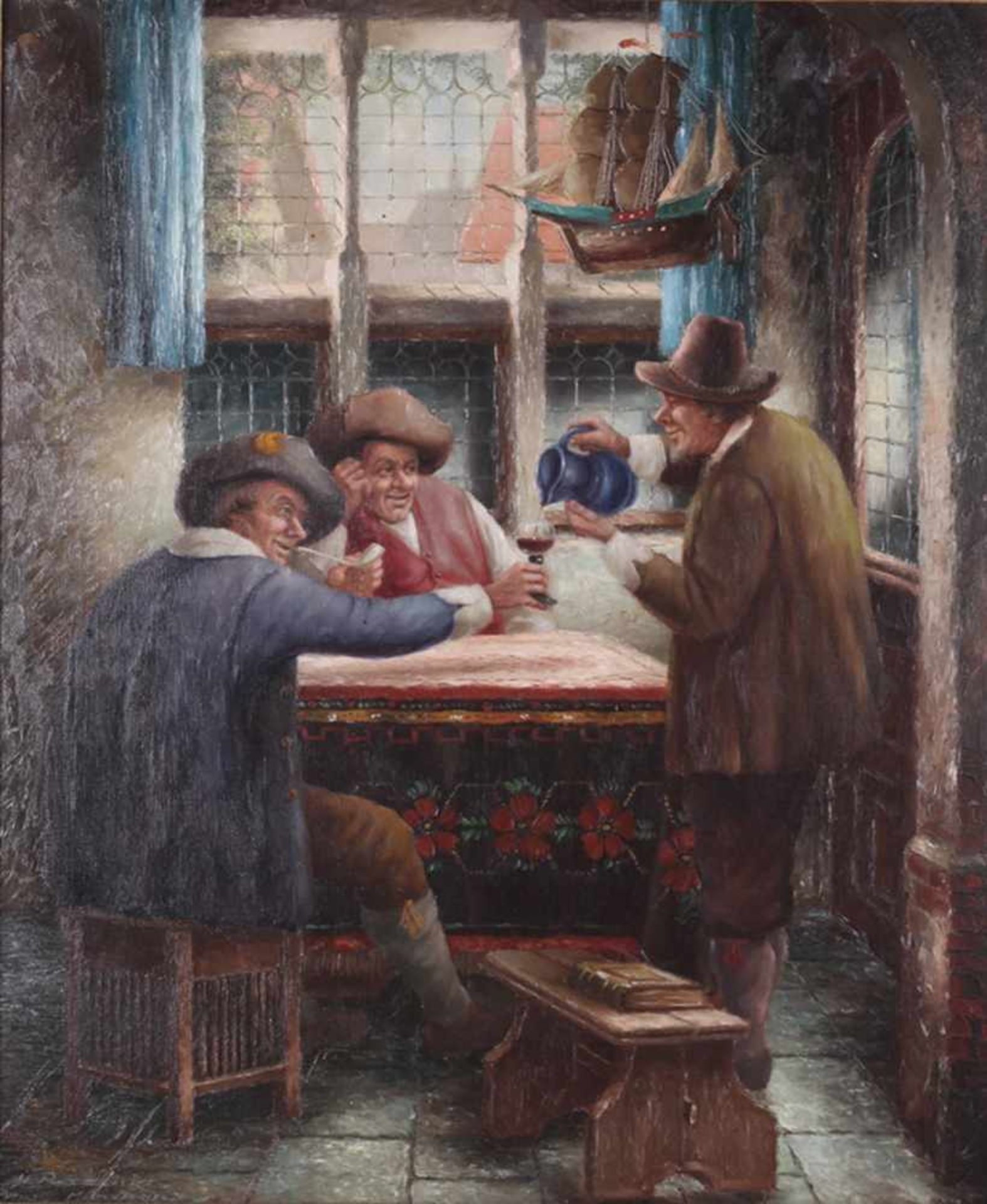 Pechke, W. In the pub. Munich. [XIX century]. Oil on canvas. 61x50,5 cm. Signed and framed.- - -15.