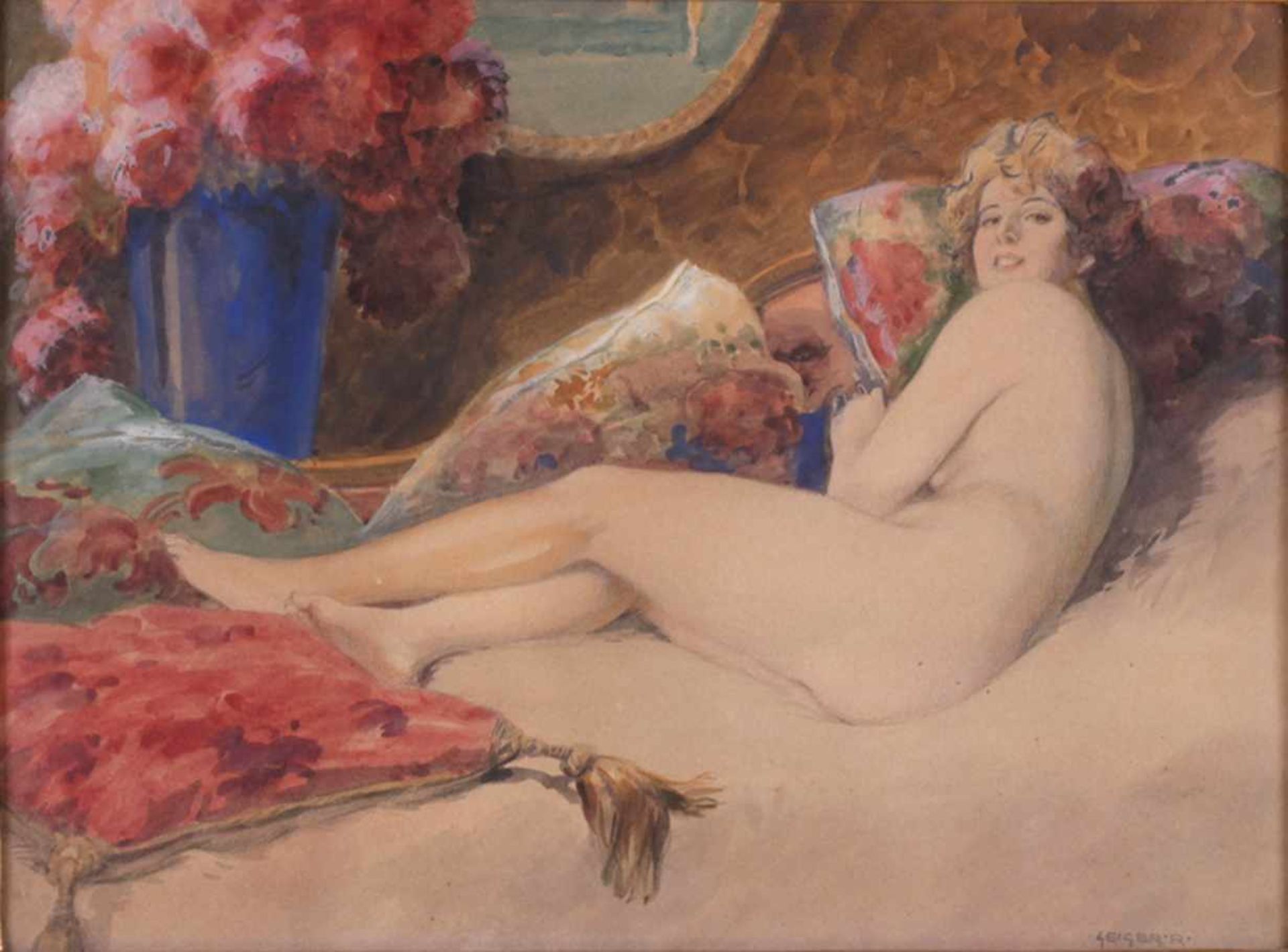 Geiger, Richard. Naked on the sofa. [Late of the XIX - beginning oh the XX century]. 38,5x49,5 cm.