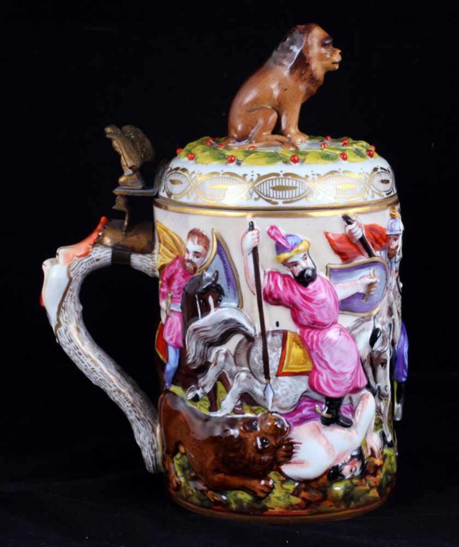 Beer stein with genre scenes. Capodimonte. [1900s].Germany. Porcelain, modeling, polychrome