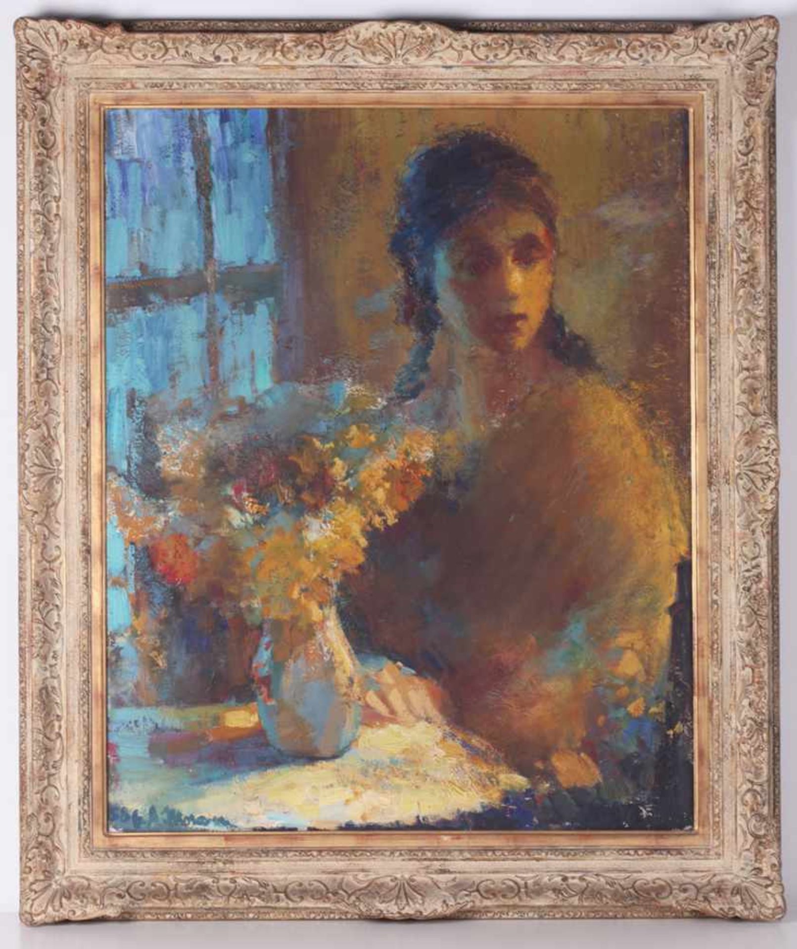 Morawetz, Georg Alexander. Lady with a bouquet. [1958]. Oil on canvas. 80,5x65 cm.Signed and - Bild 2 aus 3