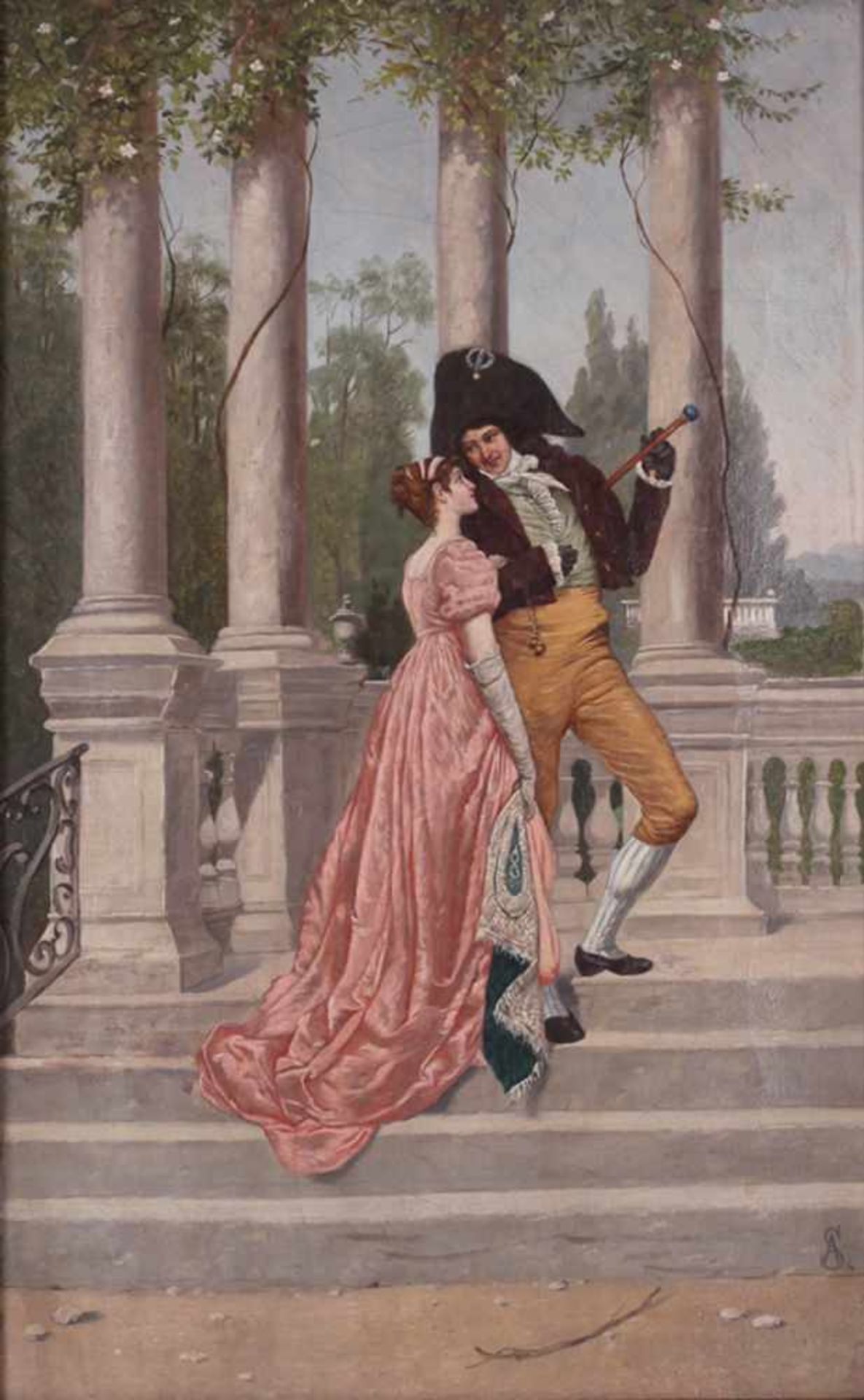 Unknown artist, [Monogram SA/AS]. Rococo couple at the castle entrance. [XIX-XX century]. Oil on