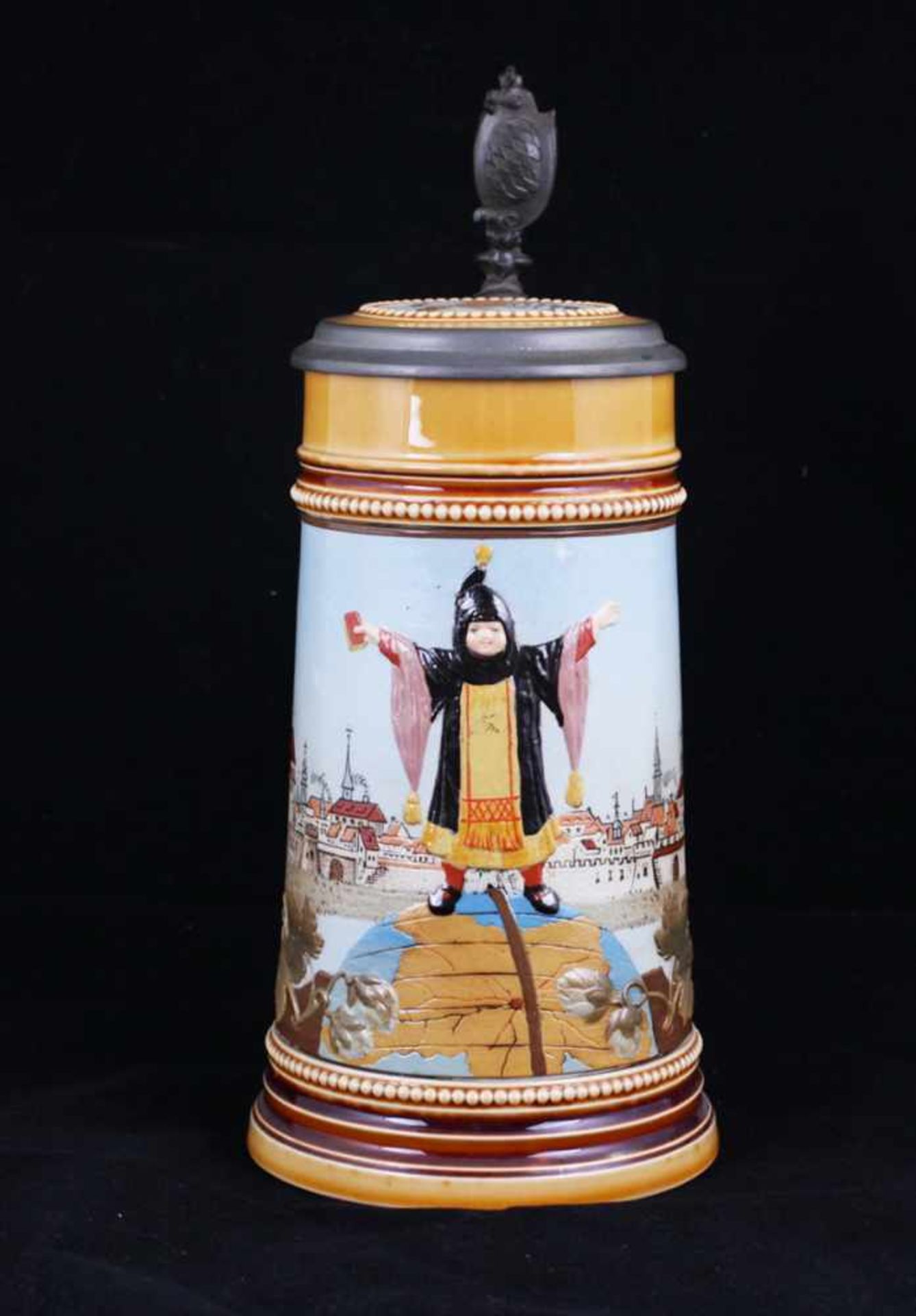 Beer stein with genre scenes. [1900s].Germany. Porcelain, modeling, polychrome painting, gilding,