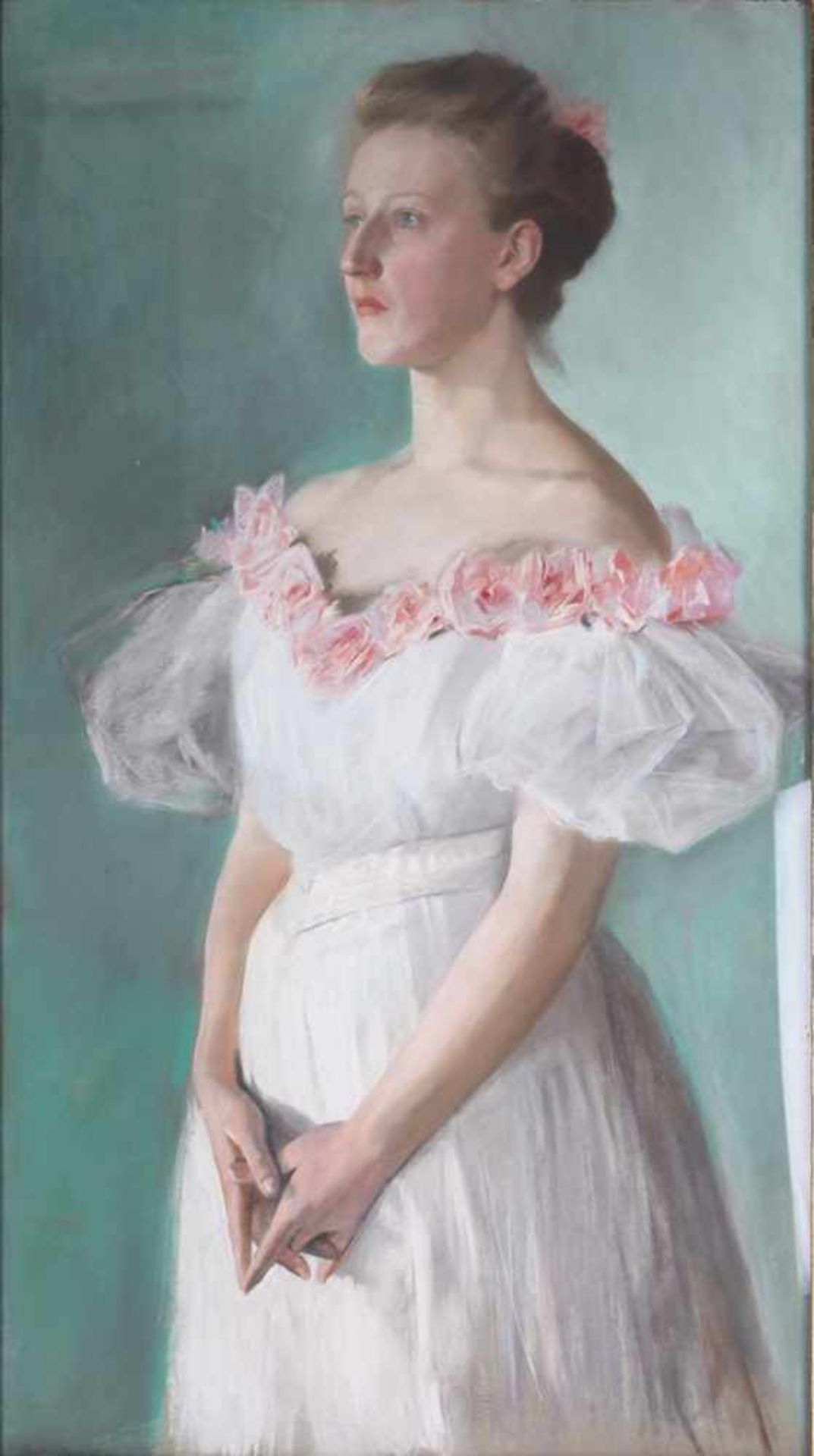 Unknown artist. Lady in white. [Early XX century]. Pastel on board. 116x66,5 cm.Signed and