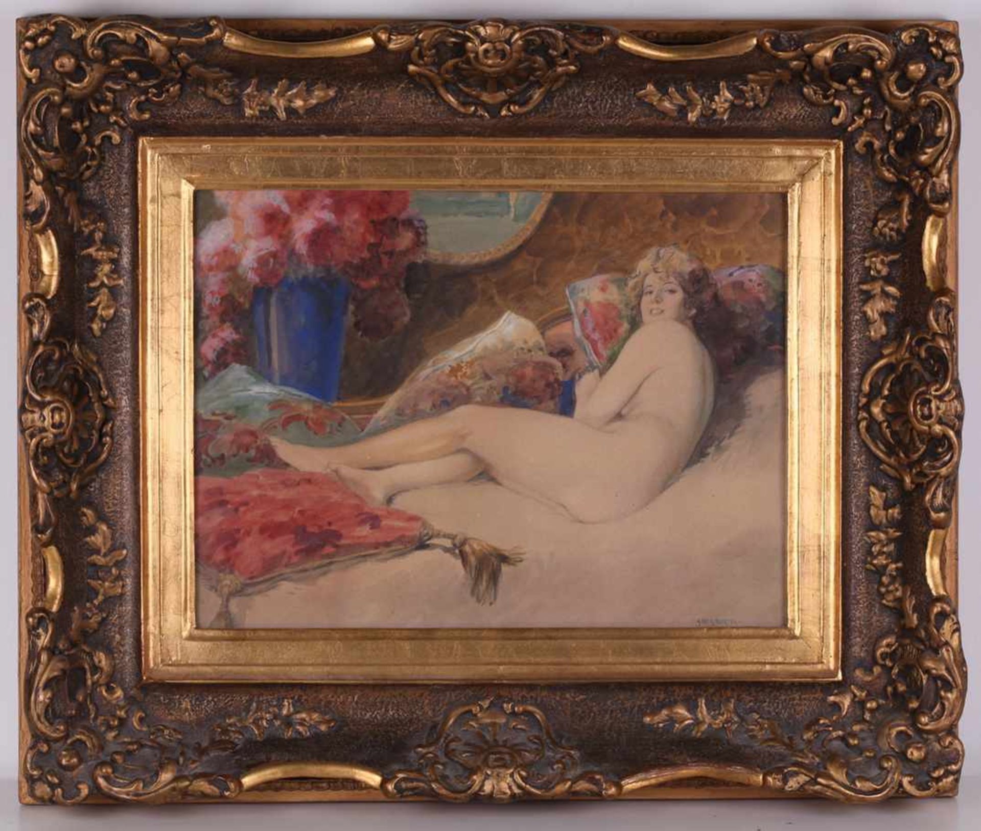 Geiger, Richard. Naked on the sofa. [Late of the XIX - beginning oh the XX century]. 38,5x49,5 cm. - Bild 2 aus 3