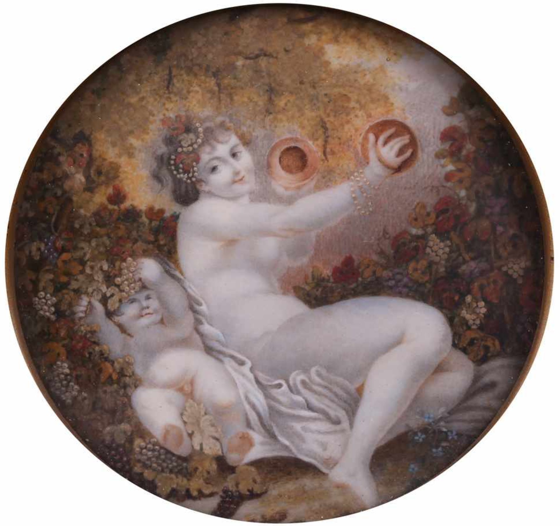 Europe. Dimensions: 8 cm (diameter), 11,6x11,6 cm (frame).Pair of porcelain paintings Cupids. [XIX