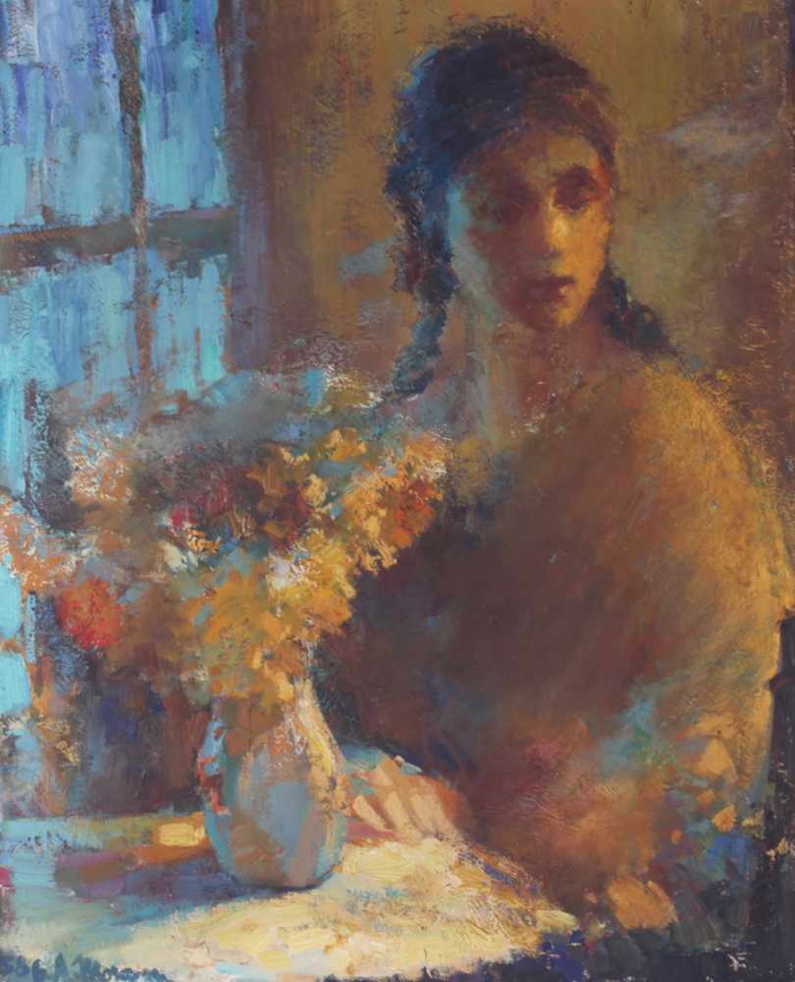 Morawetz, Georg Alexander. Lady with a bouquet. [1958]. Oil on canvas. 80,5x65 cm.Signed and