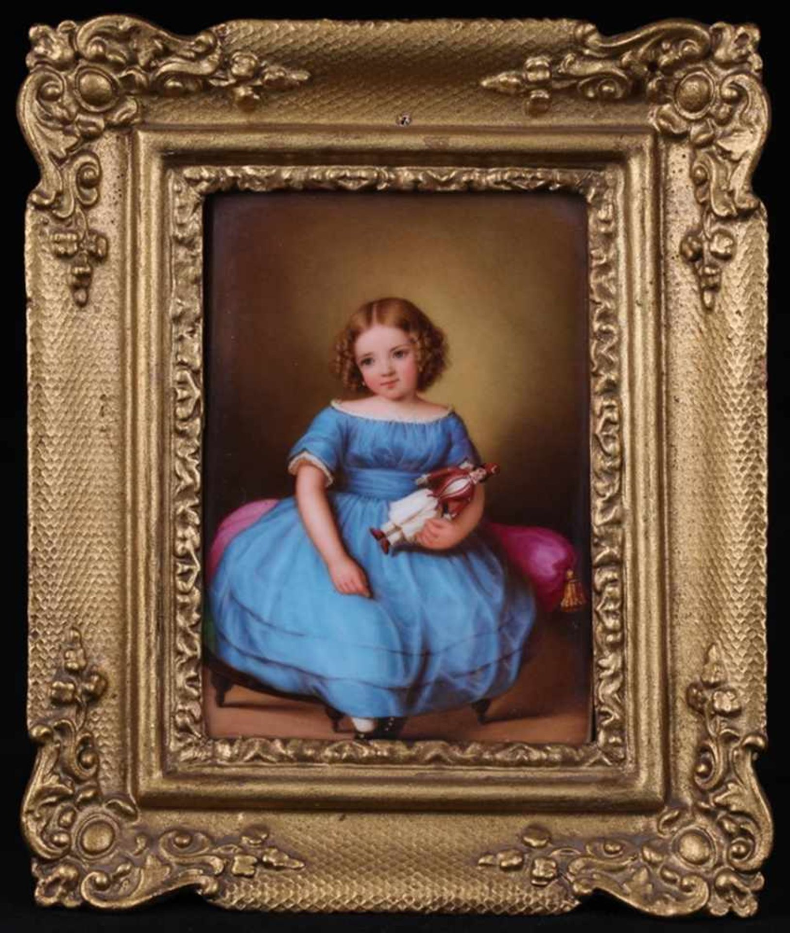 Hoffmann, E. Girl with a doll. Porcelain painting. 1853. 10,7x7,5 cm.Framed. Artist's sign and - Bild 2 aus 3