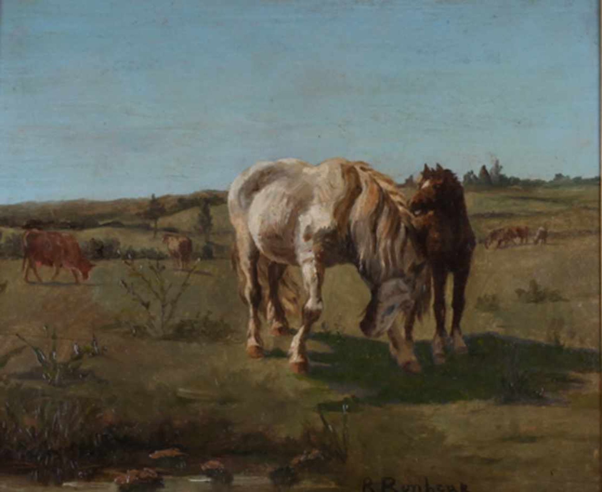 Bonheur, Rosa. Horses. [Second half of the XIX century]. Oil on wood. 21,8x28,5 cm.Signed and
