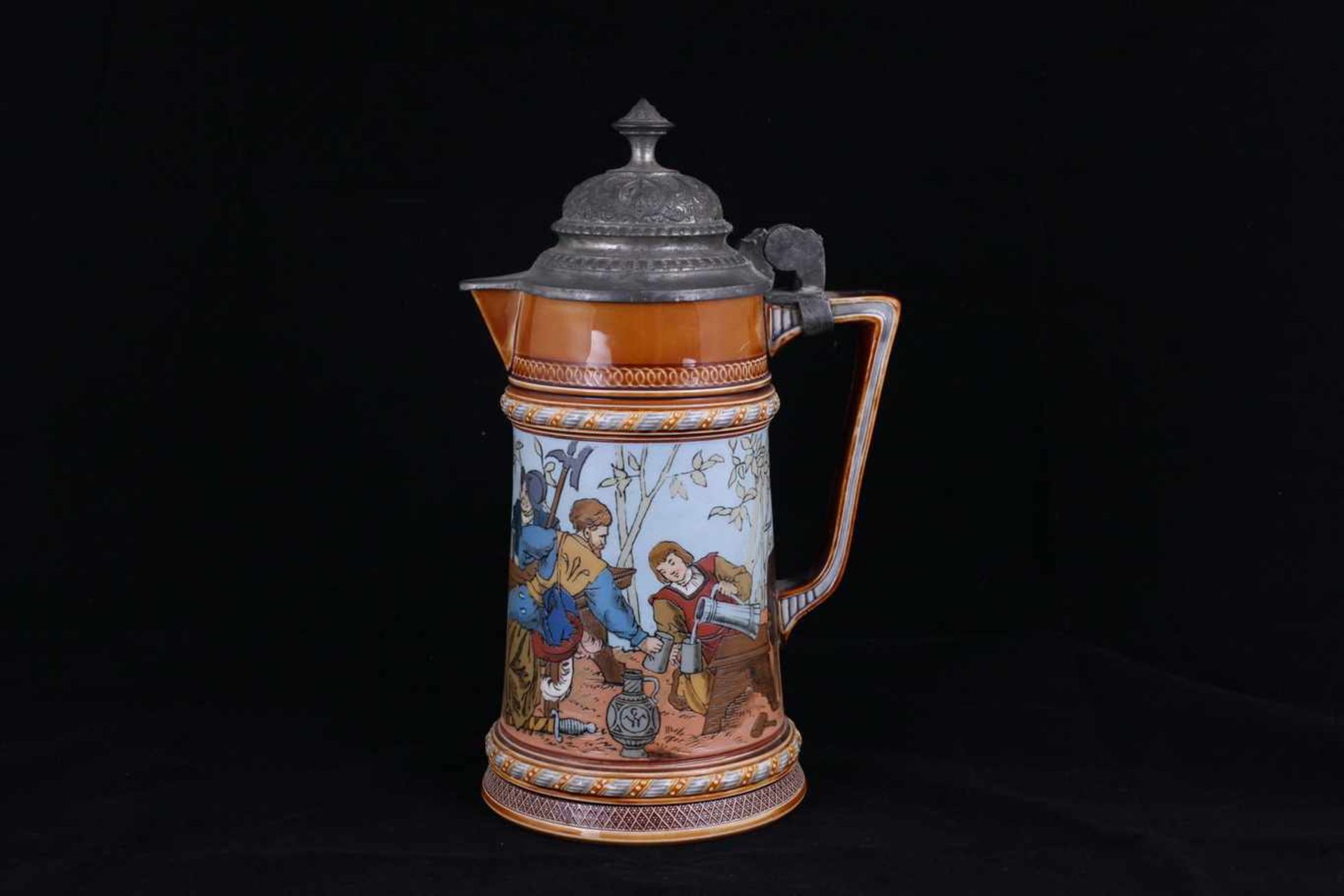 Beer stein with genre scenes. [1900s].Germany. Porcelain, modeling, polychrome painting, gilding, - Image 3 of 4