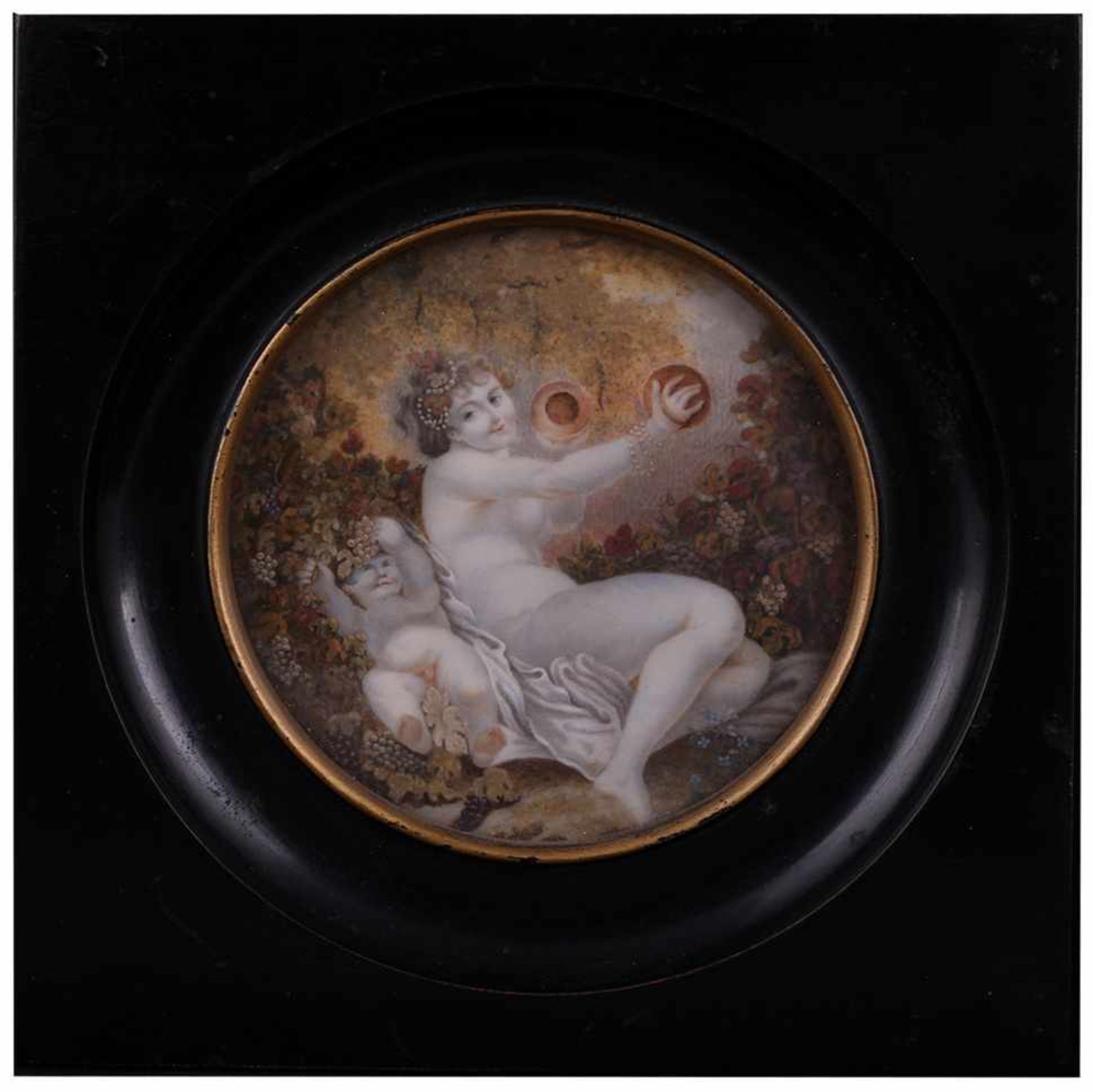 Europe. Dimensions: 8 cm (diameter), 11,6x11,6 cm (frame).Pair of porcelain paintings Cupids. [XIX - Bild 2 aus 2