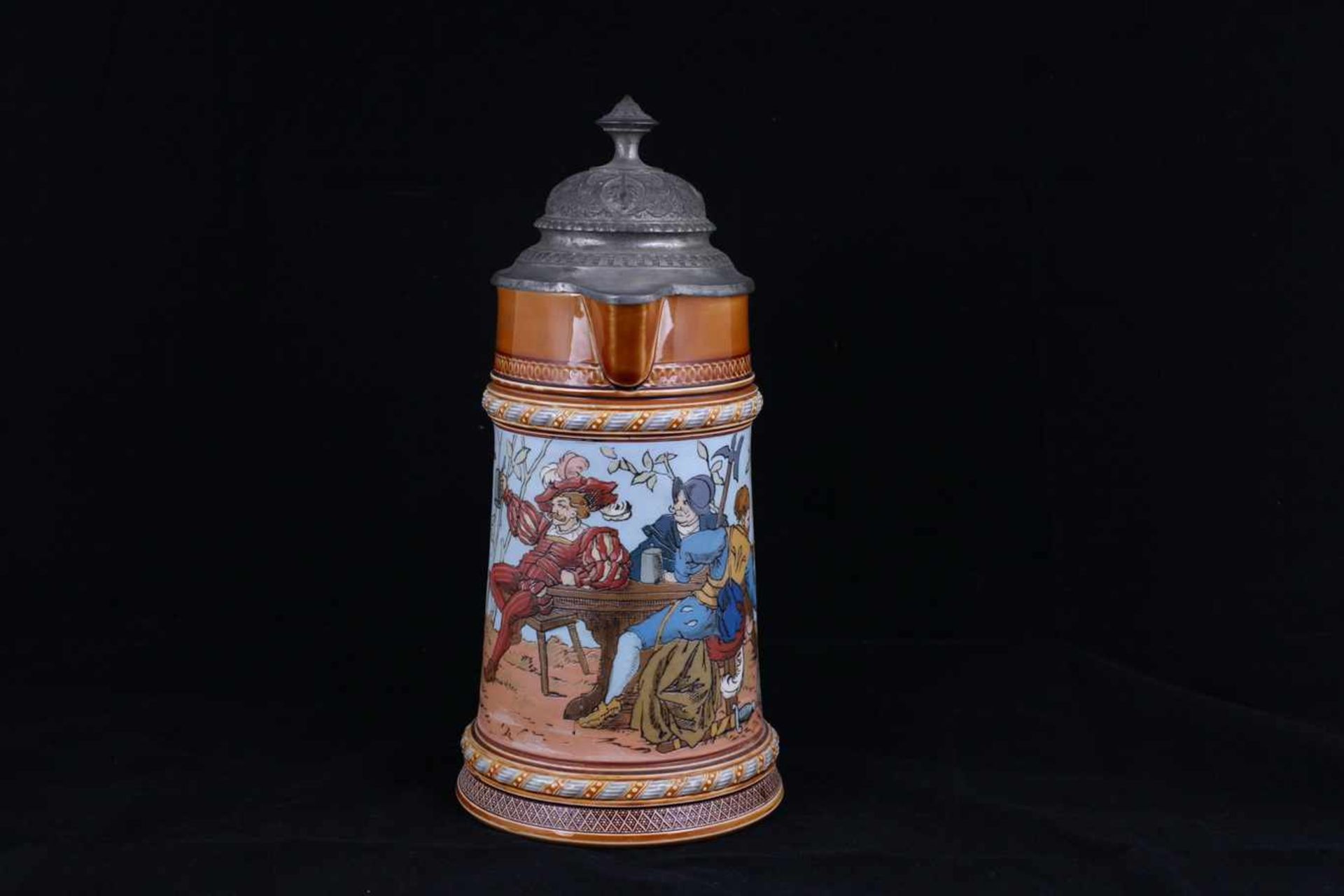 Beer stein with genre scenes. [1900s].Germany. Porcelain, modeling, polychrome painting, gilding, - Image 2 of 4